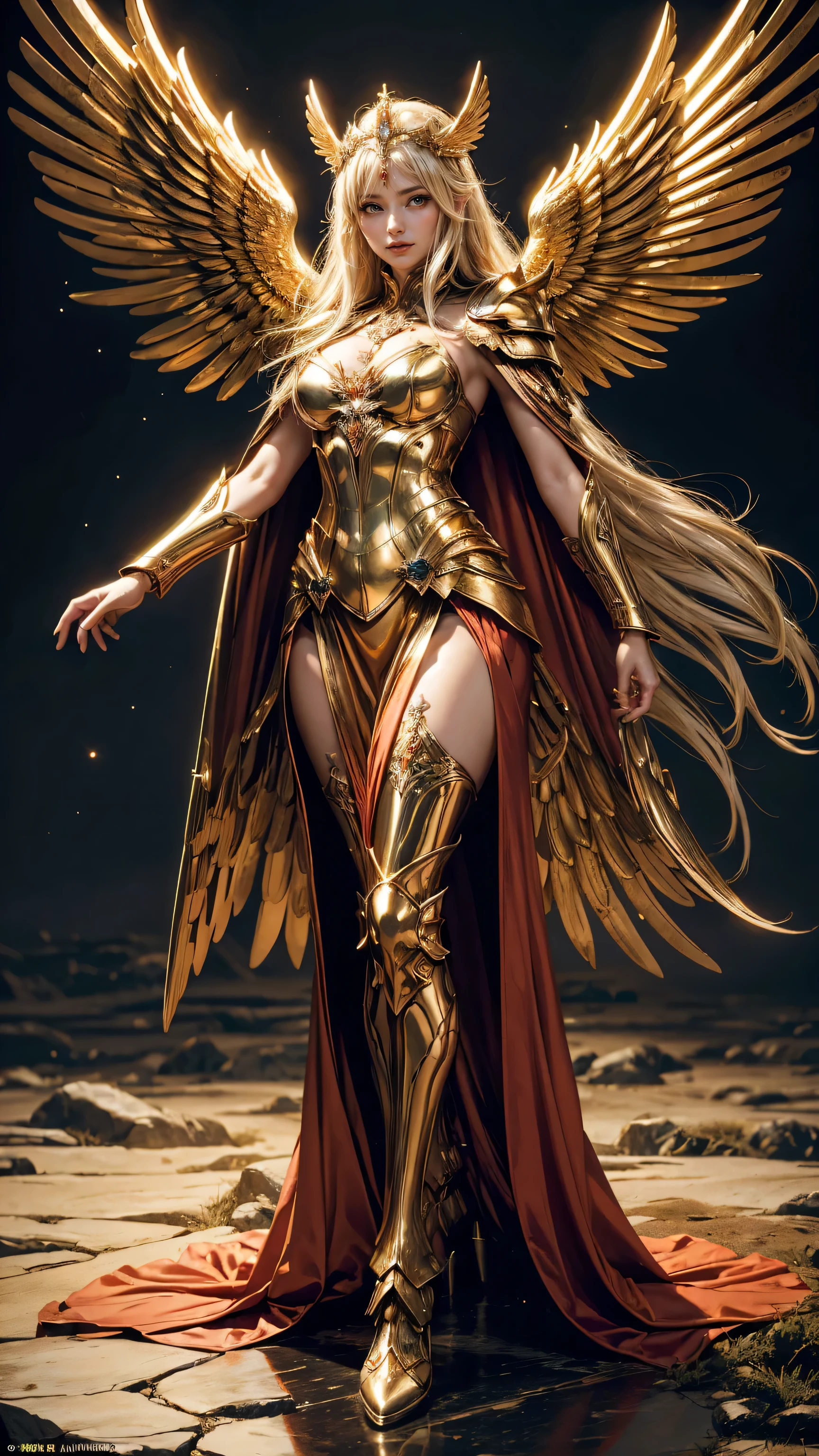 Woman in costume with wings and cape, Carol Buck Wood, goddess. extremely high detail, Angelic golden armor, As a mysterious Valkyrie, Yoshitaka Amano Carol Buck, author:Yang Jie, Majestic Angel, Carol Barker's style, Epic and beautiful character art, anime goddess, Amazing cg society,(full body:1.3),