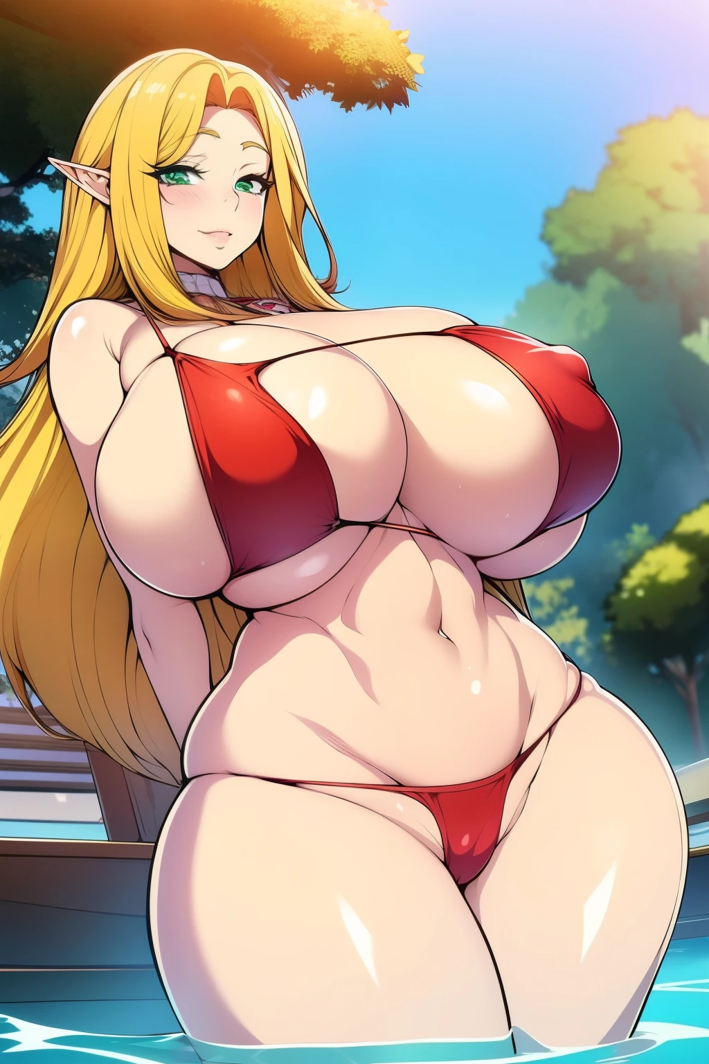 An anime-style artwork depicting Kousaka Shizuru from the game Honkai star rail.

Tags: Kousaka Shizuru, anime, detailed eyes, detailed lips, ass, bare shoulders, (blonde hair:1.4), (micro bikini : 1.4),  long hair,  solo, huge breasts,  (green eyes:1.1),, smiling expression, intense gaze, dynamic pose, outdoor, pool, (lying on sun lounger), vibrant colors, digital art, high-resolution, professional quality, gigantic breasts, (underboob : 1.4), curvy, cowboy shot, (gigantic breasts: 1.4), long elf ears