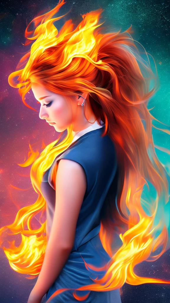 Create an outstanding realistic image of girl with hair of fire