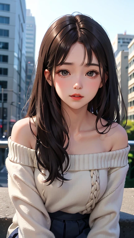 Blushing lightly and smiling, (Top quality masterpiece:1.2) Delicate illustrations, Very detailed, /Beautiful Japanese Woman、1 person,Very cute and slim、Excellent style 、((8K images、super high quality))、Very delicate face, Beautiful forehead、Red lipstick,(((((Long Hair、Gradient Hair、Light brown hair、The tips of the hair are golden))))),Very cute Japanese cut face、Eyes and nose are clearly visible、Kind eyes,(Off-the-shoulder sweater、Tight Skirt)、City of night