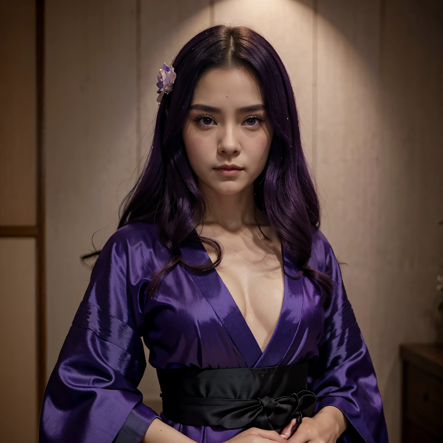 Pelo morado ojos azules piel clara kimono rosa estilo de Demon slayer