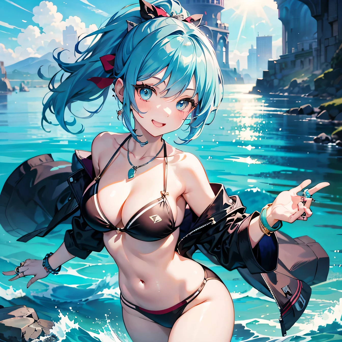 Anime Moe Art Style,highest quality,High resolution,Anatomically correct,One Girl,Mid-s,A girl with light blue hair in a ponytail,Super detailed,Fantasy-inspired costumes,Swimwear,bikini,Big Breasts,Cleavage,Laughing with your mouth open,Mischievous smile,A rich expression,Poses that accentuate the chest,Lakeside,Daytime,Eyes drawn in detail,hair ornaments,necklace,bracelet,ring,8K