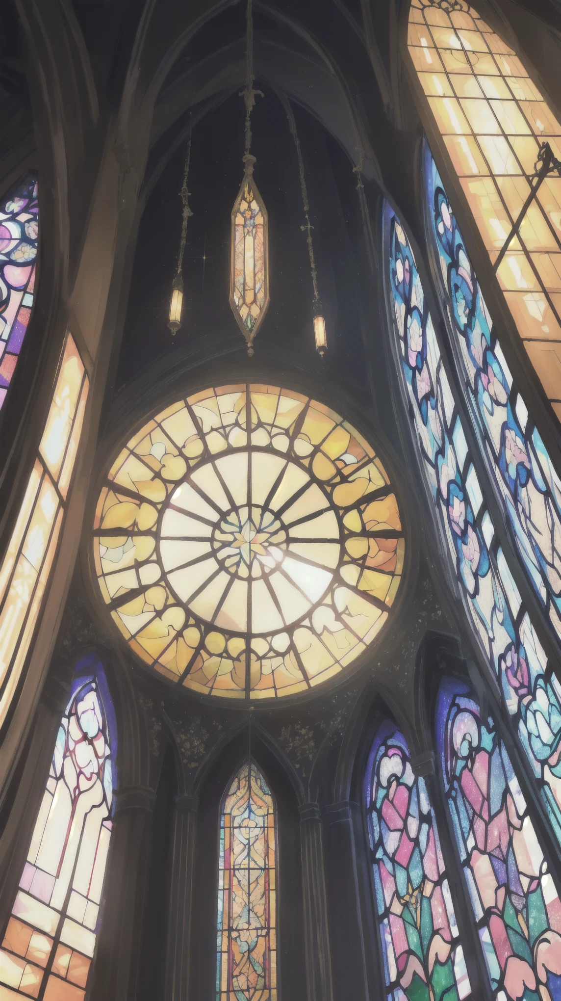 a close up of a lamp in a room with Stained glass windows, backlit Stained glass, glowing Stained glass backdrop, Detailed light, A masterpiece of bright light, Shining details, Dim lantern, Great lighting, 防火Stained glass, Beautiful illuminations, Breathtaking detail, Mysterious lighting, Stained glass, Magical details, Stained glass style, Heavenly Lighting, Stained glass, Detailed ambient lighting
