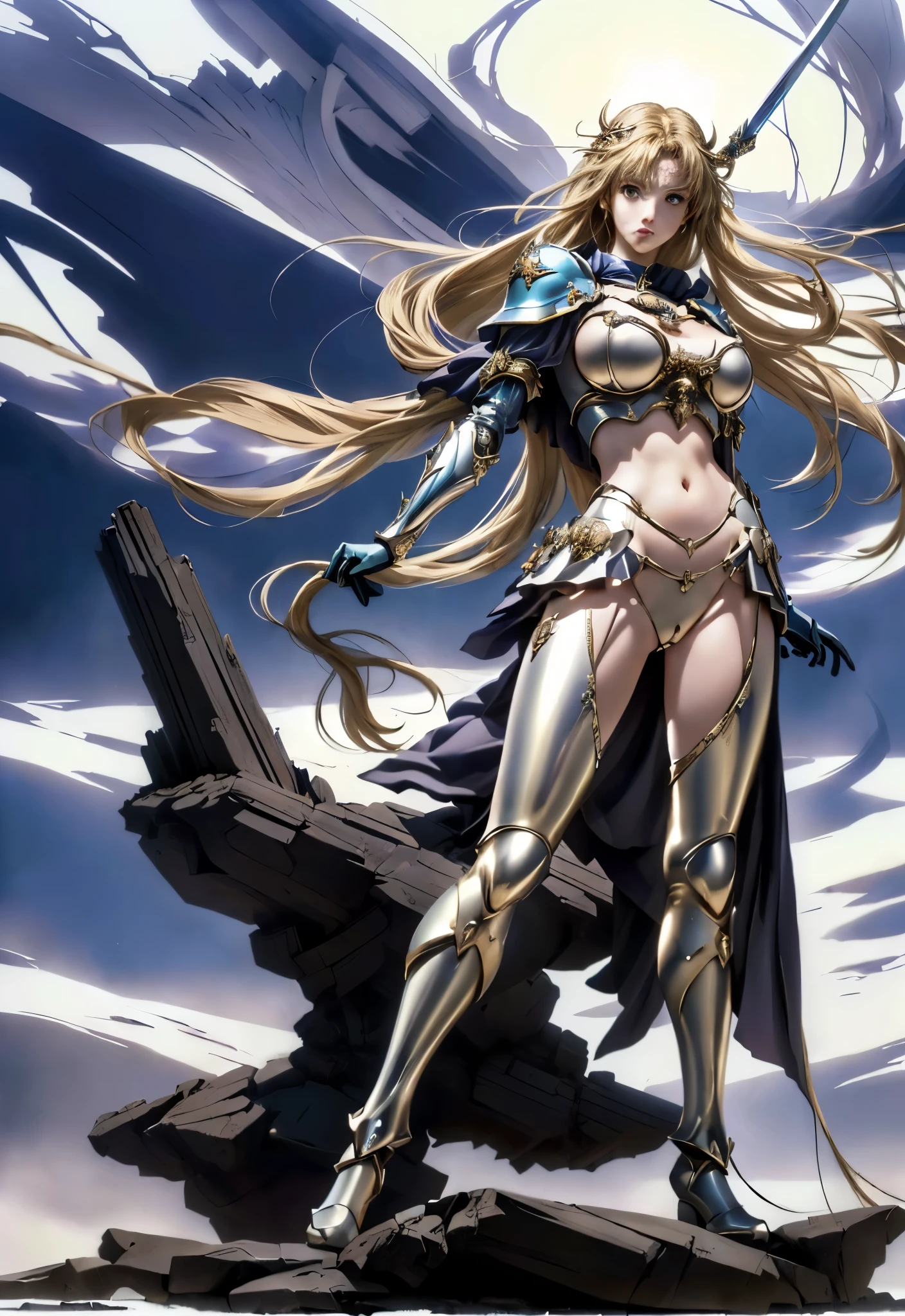 anime - style image of a woman with a sword standing on a rock, Claymore anime background, Claymore, lodoss, inspirado em Li Chevalier, 25 Best Fantasy Anime Series, deusa dos animes, girl of the zodiac knights, garota de armadura, Drakengard, epic anime fantasy, em armadura de opala, a deusa Artemis sorrindo,([long hair hair]:1.8), (full body:1.8), (full-body standing image:1.8), (upper body up:0.3), (hyper realistic:1.4), (realistic:1.3), (best quality real texture skin),(girl Full body :1.7),(HUGE HIPS:1.5),(HUGE breasts:1.5),(DISABLE CENSORSHIP)
