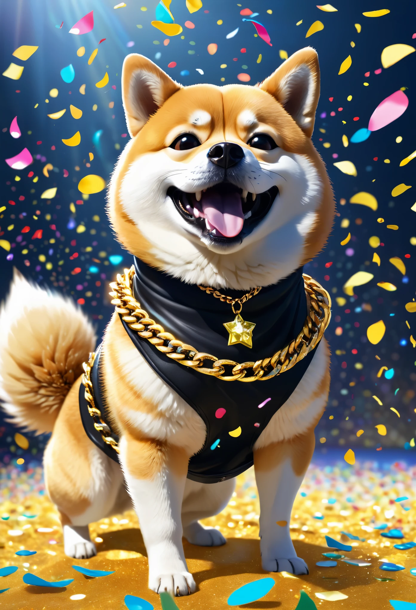 masterpiece:stage,(Anthropomorphic Shiba Inu dog,This is a rock star),Bass,Wearing sunglasses,Wearing a big gold chain,Fashion Clothing。Human movement,motion capture。excited,Cheerful,Confetti
