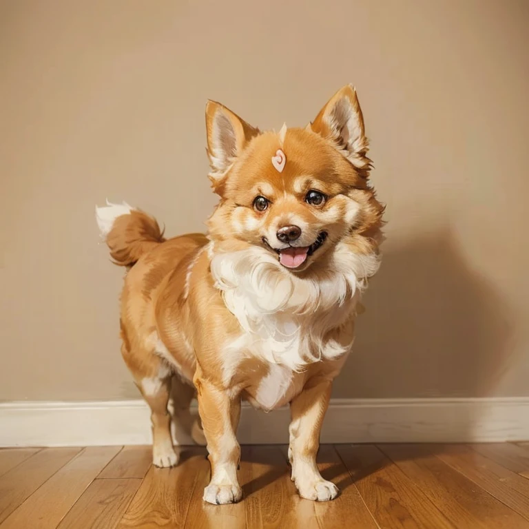 Araffe dog standing on the floor with his head held high, and pastel by Maksimilijan Vanka, flickr, sosaku made, Pomeranian, fluffy, Pomeranian mix, fluffy orange belly, small dog, cuddly dog”, happy wise man. He has a bouncy belly, fluffy!!! , smiling cheerfully at the camera,