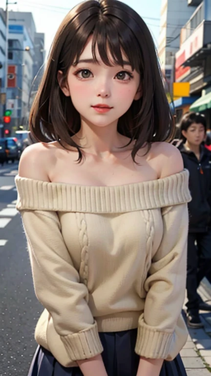 Blushing lightly and smiling, (Top quality masterpiece:1.2) Delicate illustrations, Very detailed, /Beautiful Japanese Woman、1 person,Very cute and slim、Excellent style 、((8K images、super high quality))、Very delicate face, Beautiful forehead、Red lipstick,(((((Shortcuts、Light brown hair、The tips of the hair are golden))))),Very cute Japanese cut face、Eyes and nose are clearly visible、Kind eyes,(Off-the-shoulder sweater、Tight Skirt)、City of night