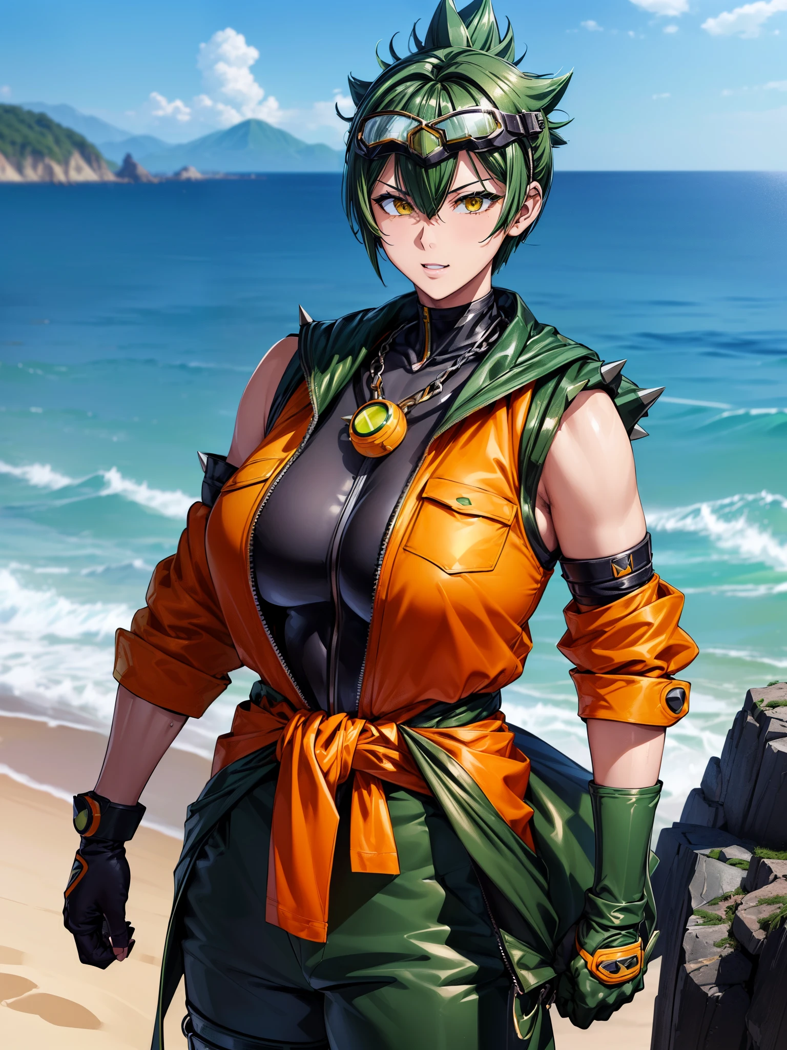 ((masterpiece))、((highest quality))、(Super detailed)、Disorganized、Highly detailed CG uniform 8k wallpaper、Official Art、Accurately depict shapes、(Real)、Detailed hand、Expressive eyes、Upper Body、Close-up、solo、(Beach、landscape、Dramatic light、An illustration:1.1)、(Are standing、Arms at your sides、Smile 1.2)、(1 girl、Mature Woman、Large、Green Hair、short hair、Spiked Hair、Yellow Eyes:1.4 )、(Black bodysuit、No sleeve、Arm band、Orange Pants、Goggles on head、Black gloves、Elbow hand pockets、Green jacket、Jacket around the waist:1.3)、、((masterpiece))、Disorganized、HDR、Achilles - The Fearless Diver (destiny)、
