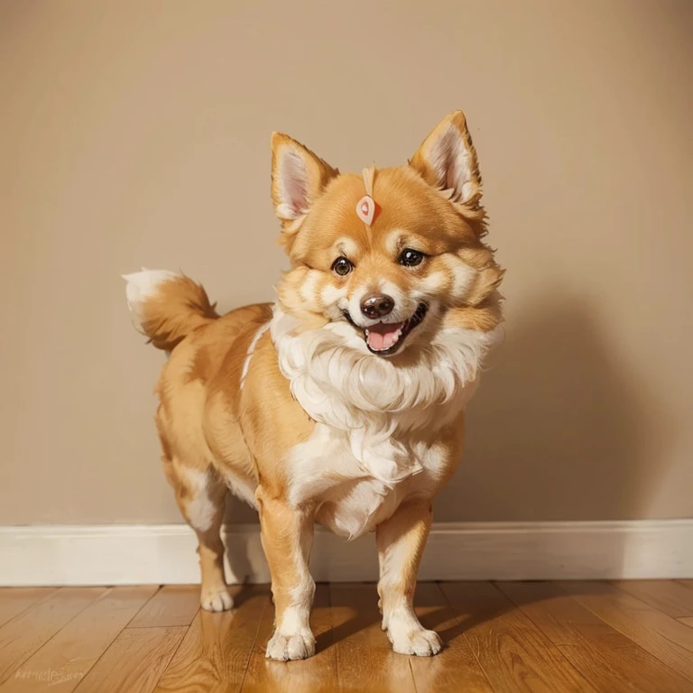 Araffe dog standing on the floor with his head held high, and pastel by Maksimilijan Vanka, flickr, sosaku made, Pomeranian, fluffy, Pomeranian mix, fluffy orange belly, small dog, cuddly dog”, happy wise man. He has a bouncy belly, fluffy!!! , smiling cheerfully at the camera,