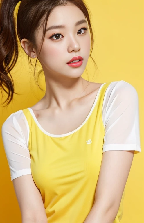 Best quality,masterpiece,ultra high res,(photorealistic:1.4),1girl, White short-sleeved T-shirt, in studio, pastel yellow background,