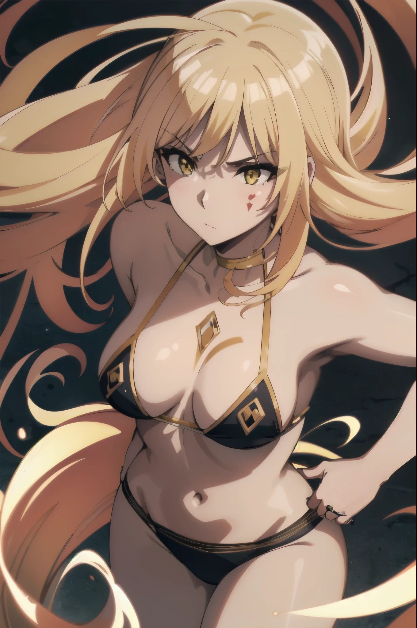 1Girl, solo,yellow eyes, blonde hair,medium breast,narrow waist,,1 woman , Underwear, Complex body paint with flower motifs all over the body. Extra Long hair,. a unicorn healer with the power of healing. tourmaline ring. nice body, Neat atmosphere, clean atmosphere. serious atmosphere. beautiful skin. oily skin. extremely delicate and beautiful. ultra detailed. clear eyes, detailed eyes