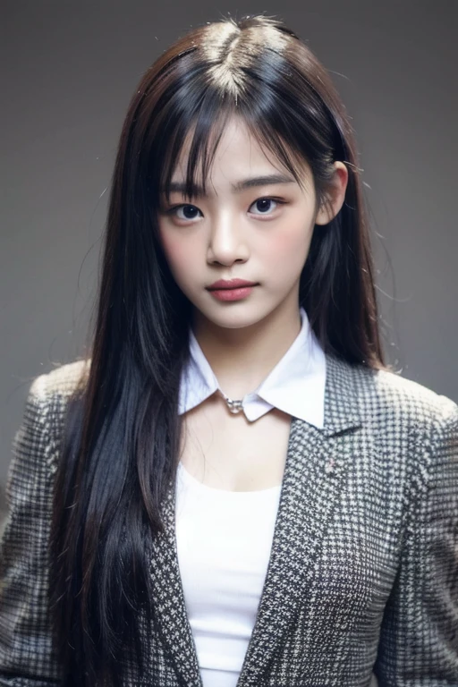 1girl,solo,portrait,collared shirt,blazer,facing viewer,
upper body,simple background
