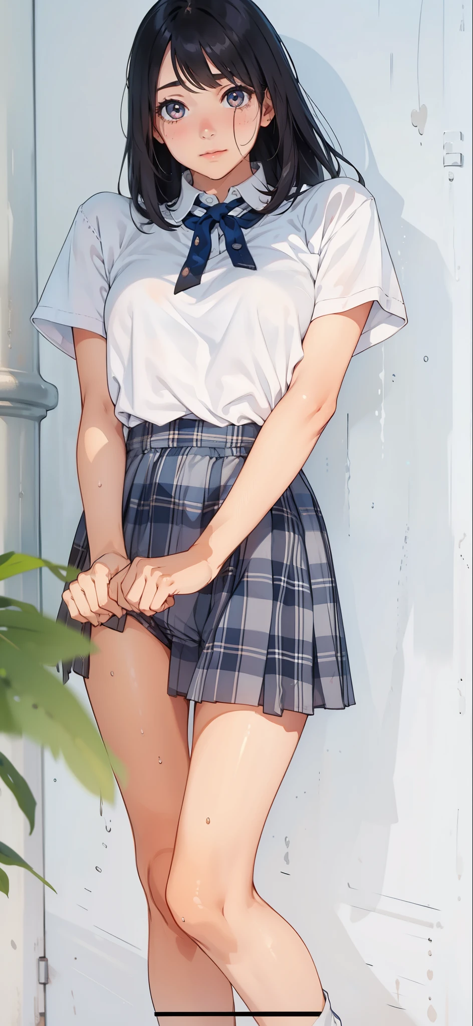 girl, sweat, medium breast, shy, detailed hand, looking at viewer, dynamic shadows, slight smile