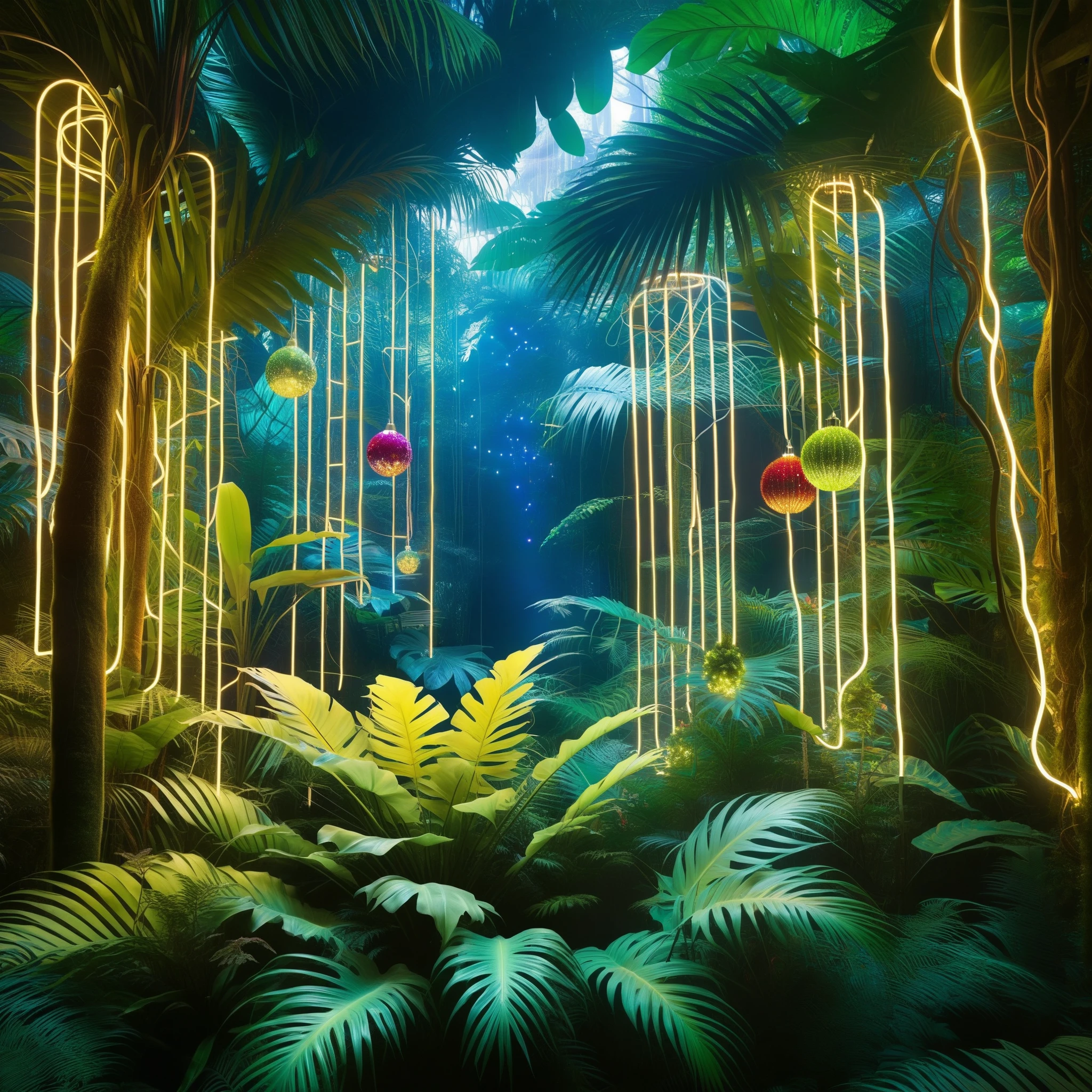 In a lush, overgrown Rousseau-style jungle, bioluminescent Christmas lights dangle from exotic, AI-generated flora as a hypnotic, ambient soundscape pulses through the dense, vibrant foliage.