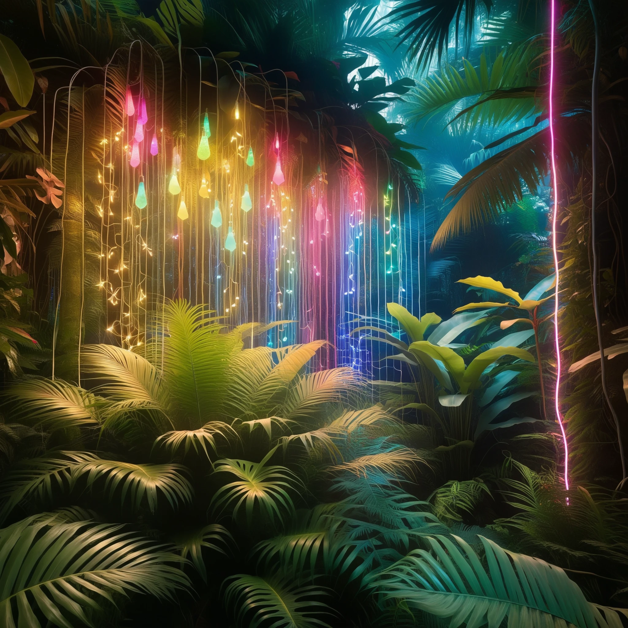In a lush, overgrown Rousseau-style jungle, bioluminescent Christmas lights dangle from exotic, AI-generated flora as a hypnotic, ambient soundscape pulses through the dense, vibrant foliage.