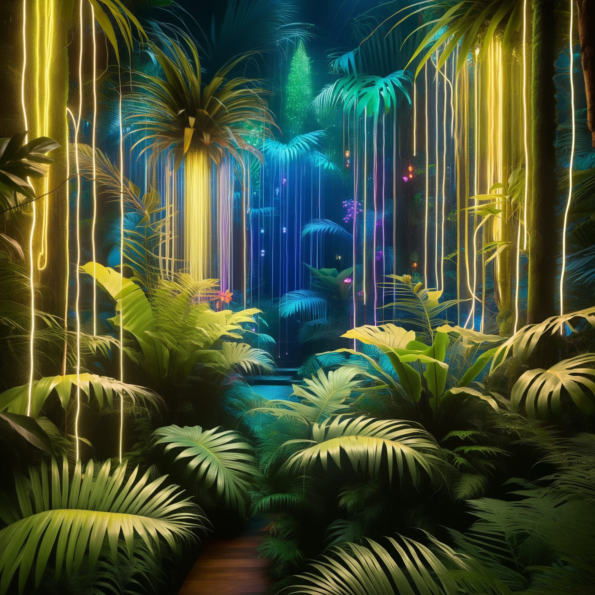 In a lush, overgrown Rousseau-style jungle, bioluminescent Christmas lights dangle from exotic, AI-generated flora as a hypnotic, ambient soundscape pulses through the dense, vibrant foliage.