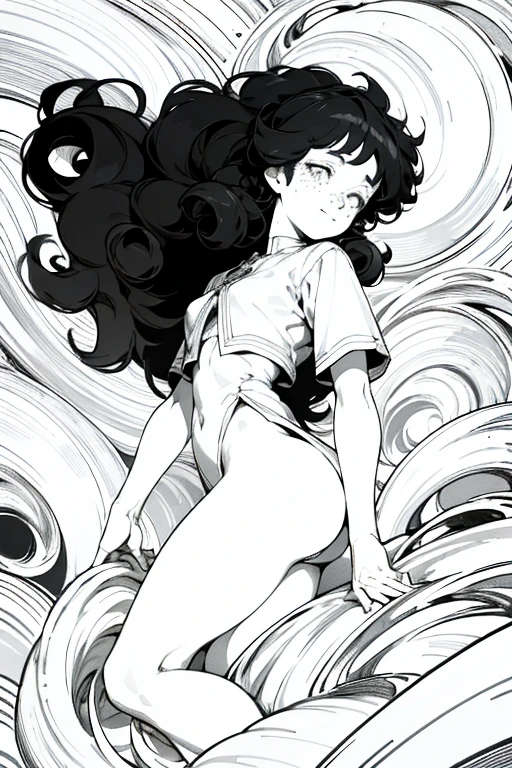 ((highest quality)), ((masterpiece)), (be familiar with), Perfect Face、Line art、Anime Style、Show the whole body、draft、Monochrome、Long Hair、Black Hair、cool、Calm、Very droopy eyes、upright、freckles、peek、Extremely curly hair、Curly hair、long hair、Expressionless、Resting her chin in her hand、Place the back of your hand under your chin、Adult female、Pussy、smile、Super big 、genital、Big Ass、cute、Young、freckles、pubic hair