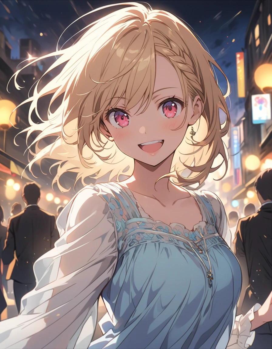 highest quality,, 1peopleの女の子, woman,(Smiling), Mid-chest, (bright), (Professional Lighting, Bokeh), (street), people々, crowd, Braided bangs, (blouse:1.5), (I wore:0.8), nice, bloom, Floating Hair, (Dynamic pose:0.6) , Soft lighting, 、(highest quality、masterpiece、High resolution、detailed)、animeスタイル、Flat Style、(Shine目、detailed美しい顔),  BREAK,1people、floating, (High saturation),  (Shine), Focus on the face,extremely detailed、Dynamic Angle、anime 