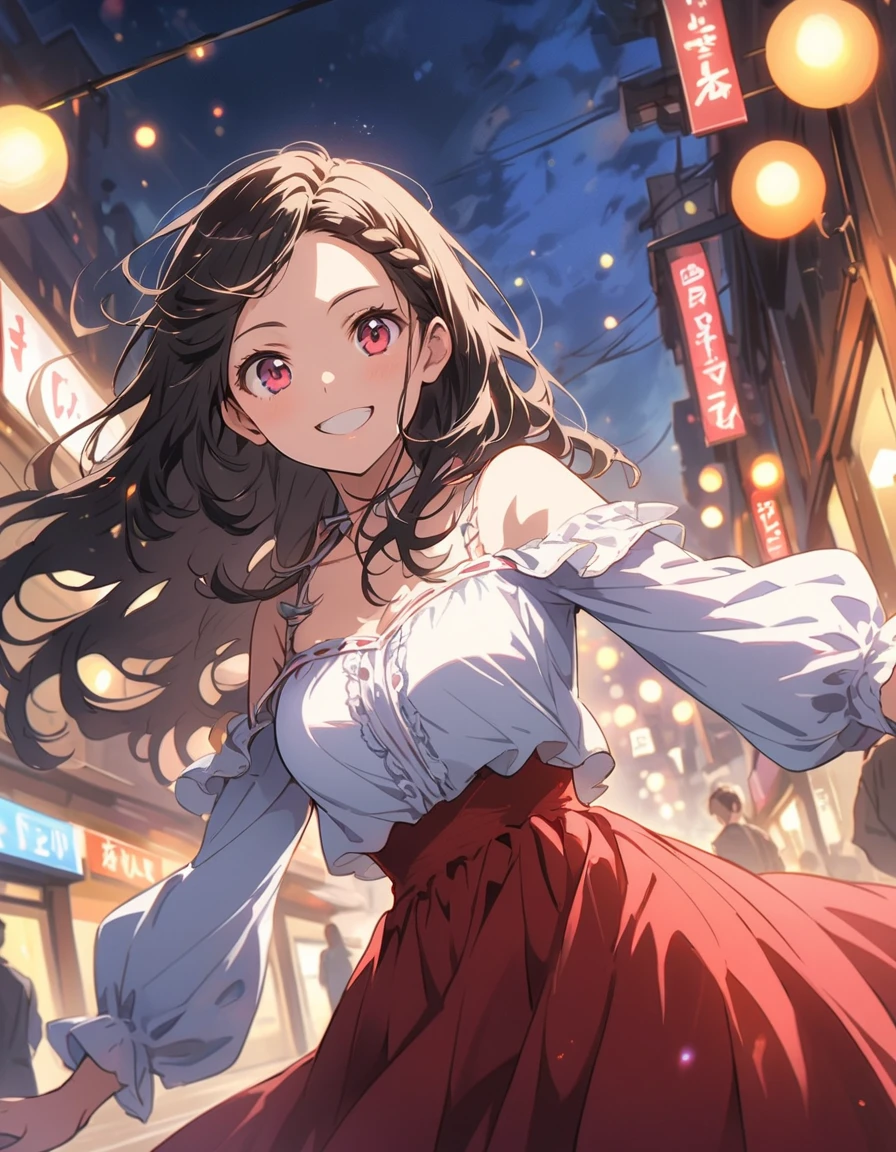 highest quality,, 1peopleの女の子, woman,(Smiling), Mid-chest, (bright), (Professional Lighting, Bokeh), (street), people々, crowd, Braided bangs, (blouse:1.5), (I wore:0.8), nice, bloom, Floating Hair, (Dynamic pose:0.6) , Soft lighting, 、(highest quality、masterpiece、High resolution、detailed)、animeスタイル、Flat Style、(Shine目、detailed美しい顔), BREAK,女の子1people、floating, (High saturation), (Shine), Focus on the face,extremely detailed、Dynamic Angle、anime