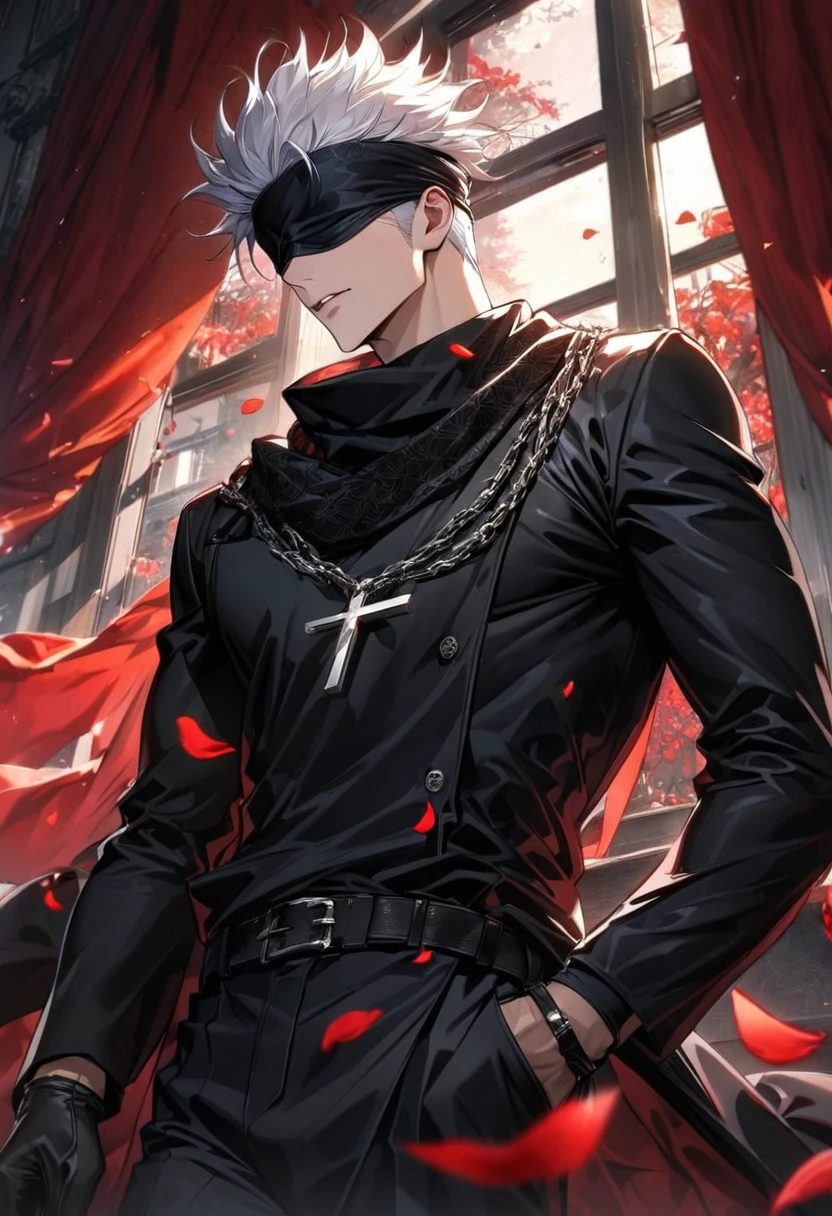 Ultra detailed, Highres, HDR, absurdres, master piece, Gojou Satoru, white hair, blindfolded eyes, black scarf, black leather long coat with patterns, black pants, black tight shirt, sexy man, extremely handsome, solo, very detailed face, Jujutsu Kaisen, cross necklace, window, petals, chains, red curtains, black gloves,