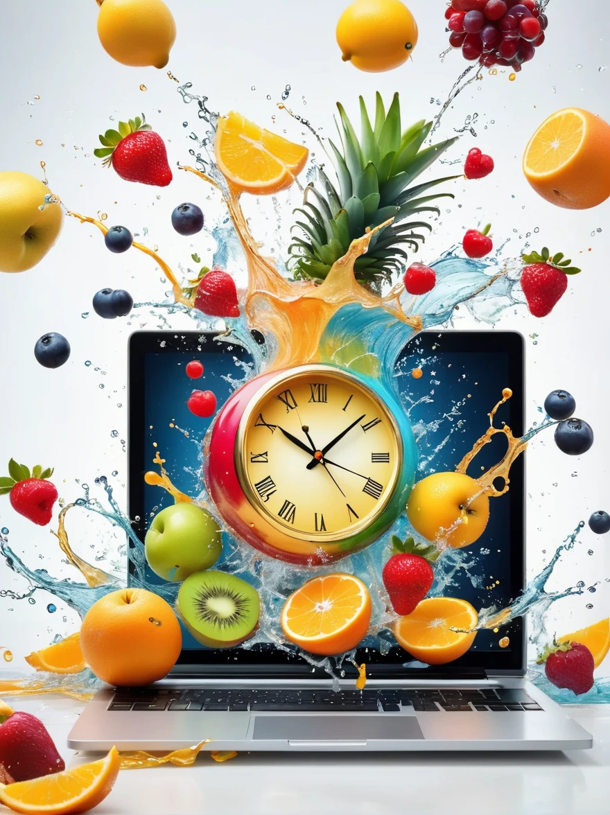 The clock on the laptop screen is ticking，hyper-realistic illustration，Splash of Color，Carefully crafted fruit variety，Speed and movement style，The background is displayed in white