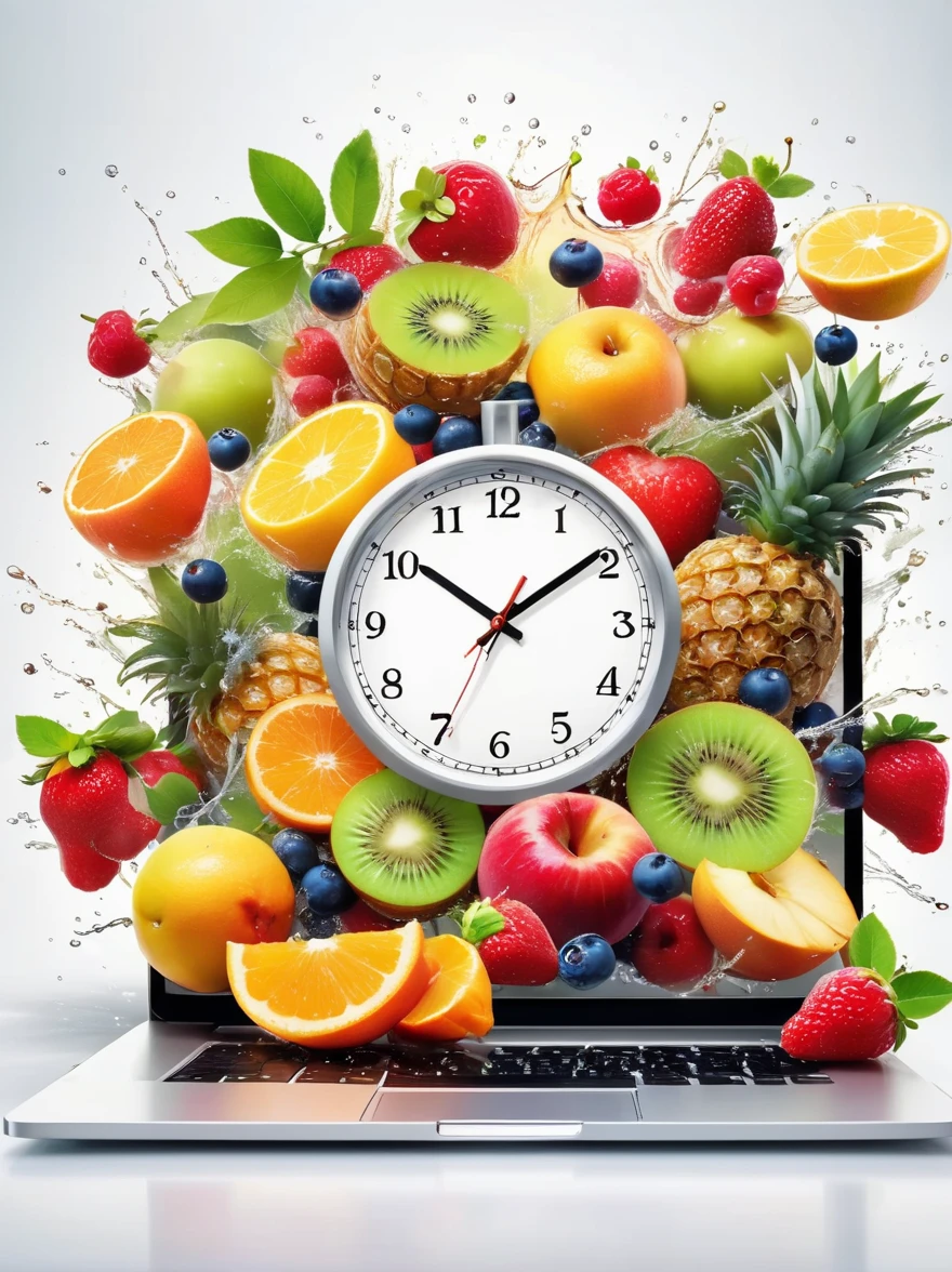 The clock on the laptop screen is ticking，hyper-realistic illustration，Splash of Color，Carefully crafted fruit variety，Speed and movement style，The background is displayed in white