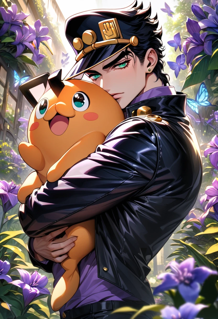 absurdres, highres, ultra detailed, HDR, master piece, best quality, Jotaro Kujo, black hair, black hat, black leather jacket, purple shirt, expressive green eyes, jojo bizarre adventure, carrying Pochita plush, solo, man, handsome, purple shining butterflies, purple lilies, purple petals, garden