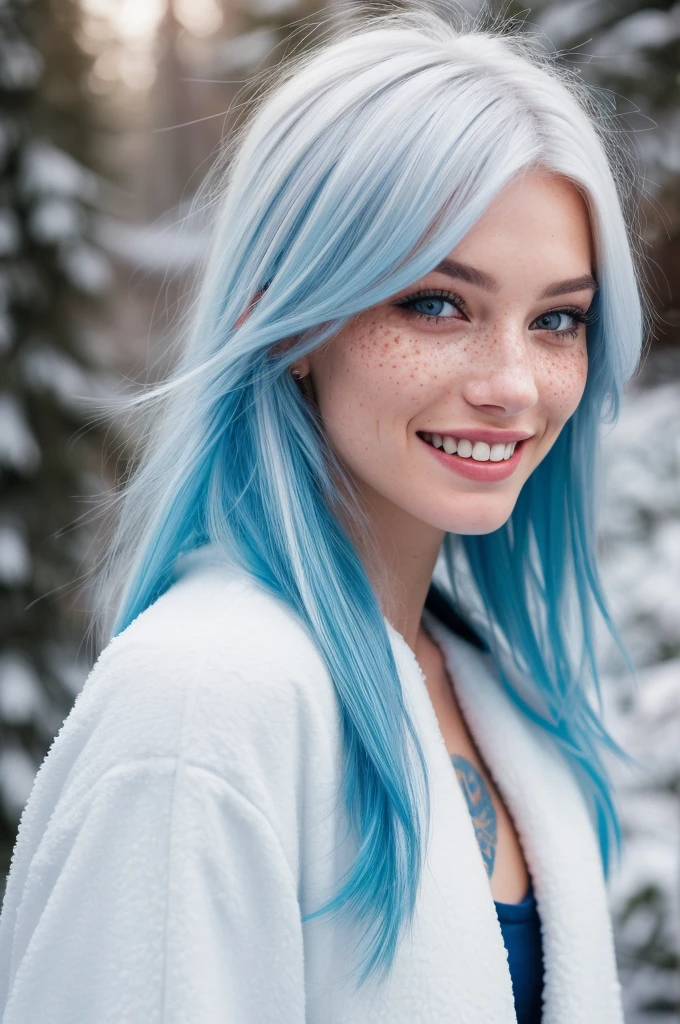 Taken with DSLR camera, beautiful woman, outdoor close-up, white hair with highlights at the end of blue hair ends, fair skin, soft skin, film grain, best quality, epic photo, freckles, beauty marks, texture realistic skin, realistic, HDR, piercings, tattoos, realistic, photo realistic, epiCRealism, art, best quality, bright lighting, high contrast, ultraviolet day, warm sunlight, warm tones, long hair, pretentious smile, sexy smile, she is standing, looking at the viewer full body, she is in a snowy scene she is making a snowman and she is wearing cold clothes