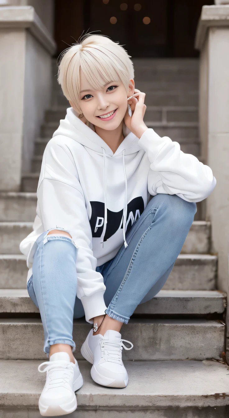 highest quality, Realistic, Very detailed, The finer details, High resolution, 8k wallpaper, One beautiful woman,Sit on the stairs、 Oversized hoodie, Skinny jeans, White sneakers, Platinum Blonde Hair, Short Haircut、、Beautiful Bangs、smile、Beautiful teeth alignment、Perfect dynamic composition, Beautiful and detailed, Full Body Shot, A big smile
