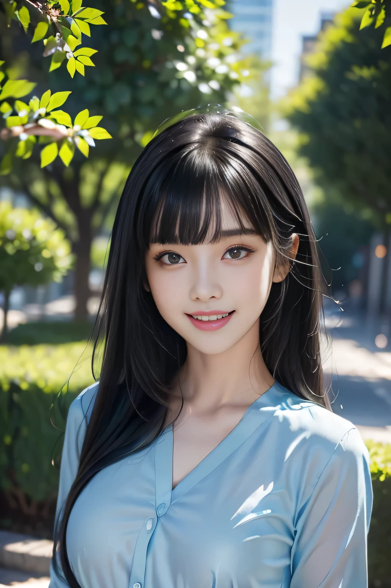face,head,(blue elegant beautiful shirt),((1girl,cute,young,semi long beautiful black hair,blunt bangs,beautiful eyes)),(solo),((masterpiece, highest resolution,best quality)), ((realistic:1.5,Beautiful girl RAW photo)), (looking at the viewer), innocent lovely laugh,white teeth,