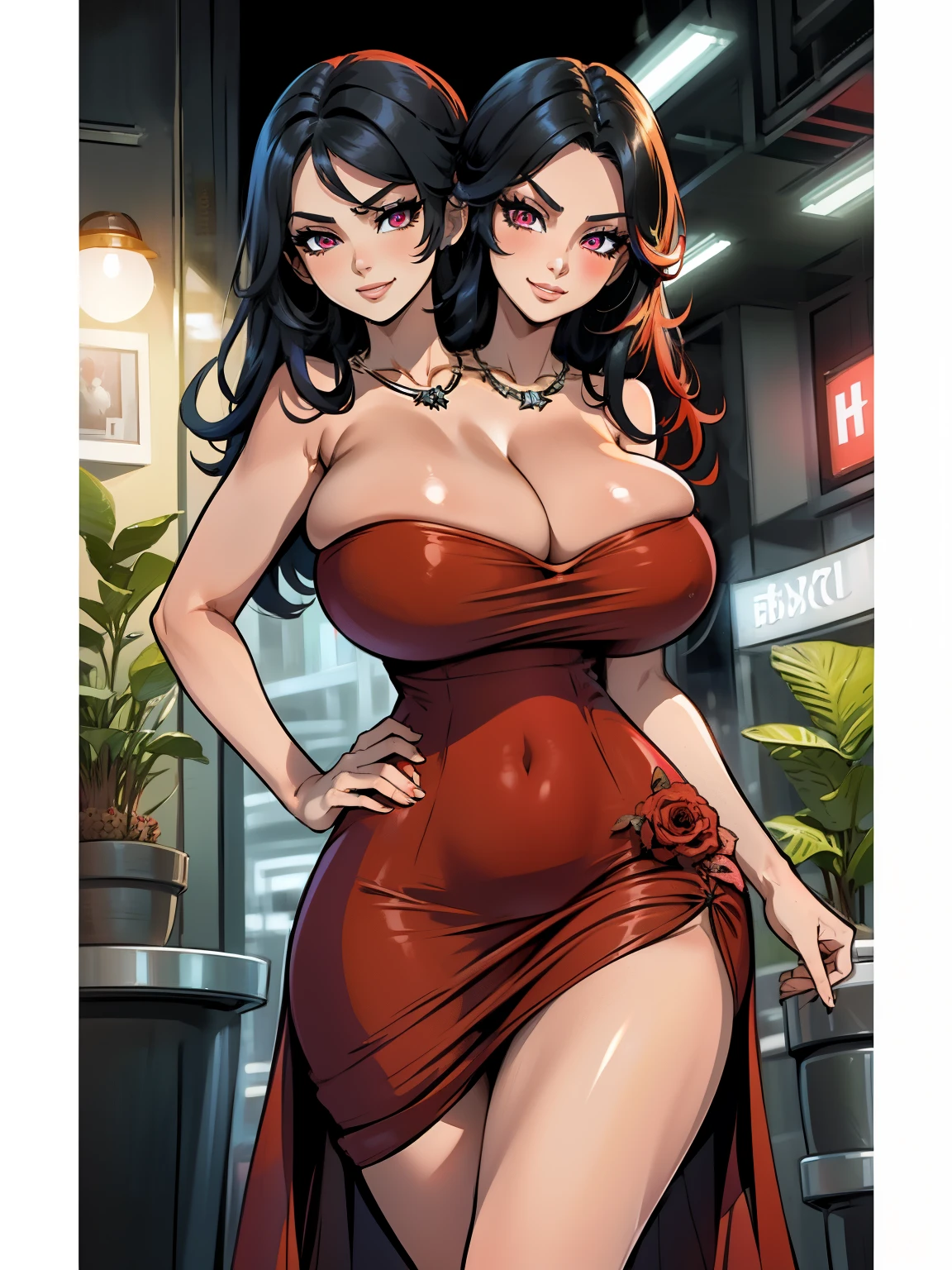best quality, (masterpiece),(ultra-detailed), (high quality), (high resolution), ((2heads:1.5)), best quality:1.5, highres, UHD, 16K), ((two headed woman)), smiling, highres, masterpiece, ((black hair)),cleavage, ((vibrant red dress:1.5)), lustrous and smooth skin, huge breasts, (mature woman), seductive silhouette, casual dress, sexy proportions, Beautiful girl with accentuated slender abs, long legs, seductive woman, ((party background)), necklace, body con dress, strapless, sleeveless, pink eyes, long hair, ((gala))