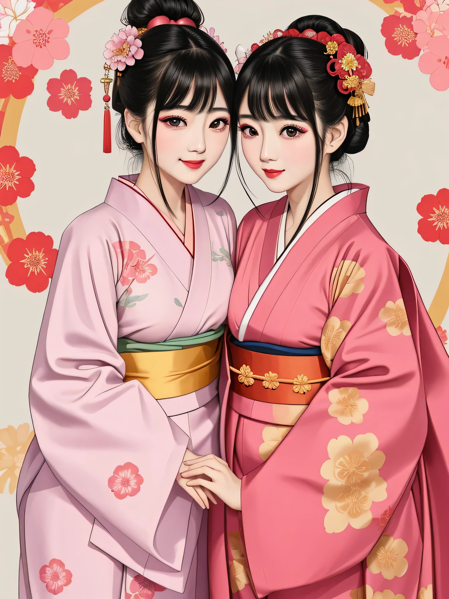 Each has a different expression2People and sisters、(2 girls)、⦅Dancing traditional arts with grace)、((Big Breasts、Small Face、Not exposed))、highest quality、masterpiece、(Black Hair、Bun Hair)、Brown Eyes、⦅Wide angle、Angle from above the waist、Pause on the magazine cover、Their gazes are different, gazing into the distance⦆、(8K High Quality、masterpiece、High resolution、Realistic and beautiful light and shadow、(highest quality)、(High Resolution)、(Very delicate and beautiful)、(Beautiful 8k face)、(With a smile、Beautiful eyes)、(Clear skin)、(Soft hair)、(8Head to Body)、(A Japanese style yukata kimono with red, pink and orange floral patterns on a white background, interspersed with gold powder、Wearing a yukata2Beautiful Japanese girls)、((Tanabata decoration background))、((Small Face))、(arms up)、Thin and small nose、(Red lipstick)、(Make your cheeks red)、(Glossy skin)、((Ink painting style))、Very thin eyebrows、Overall ultra-high image quality、(She is wearing maiko-style makeup.)、Whitening、Long and beautiful eyelashes、Glowing Skin、(Red cheeks),Straight nose、masterpiece、highest quality、whole body、 Eyebrows visible through hair、Bun Hair、Grin、Gal、Gal、Viewer's Eyes、Plaid、Stylish、woman、fine、Pause、
Waiting to start