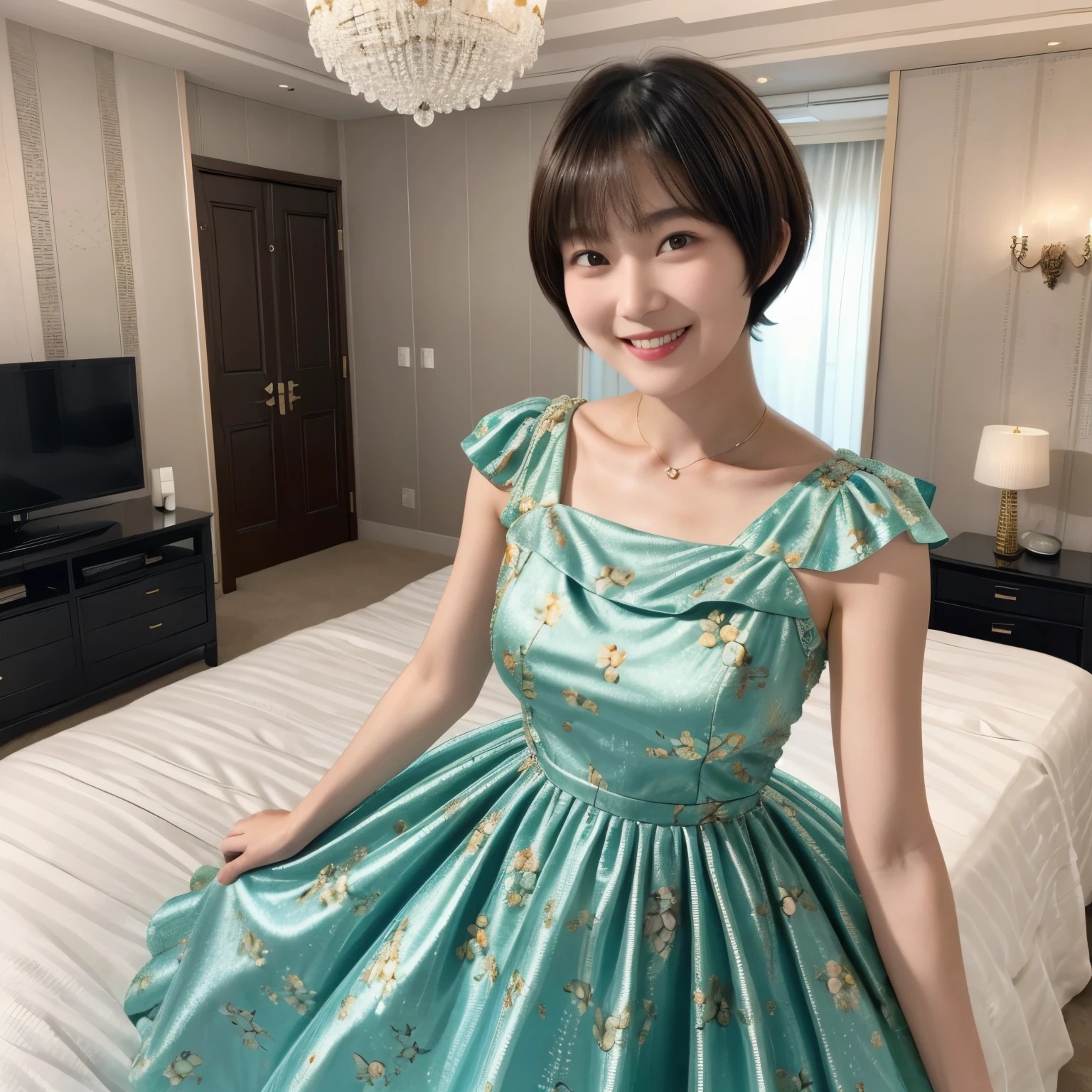 216 Short Hair, 20-year-old woman, A kind smile, Floral, (Gorgeous Dress, Luxury Room)
