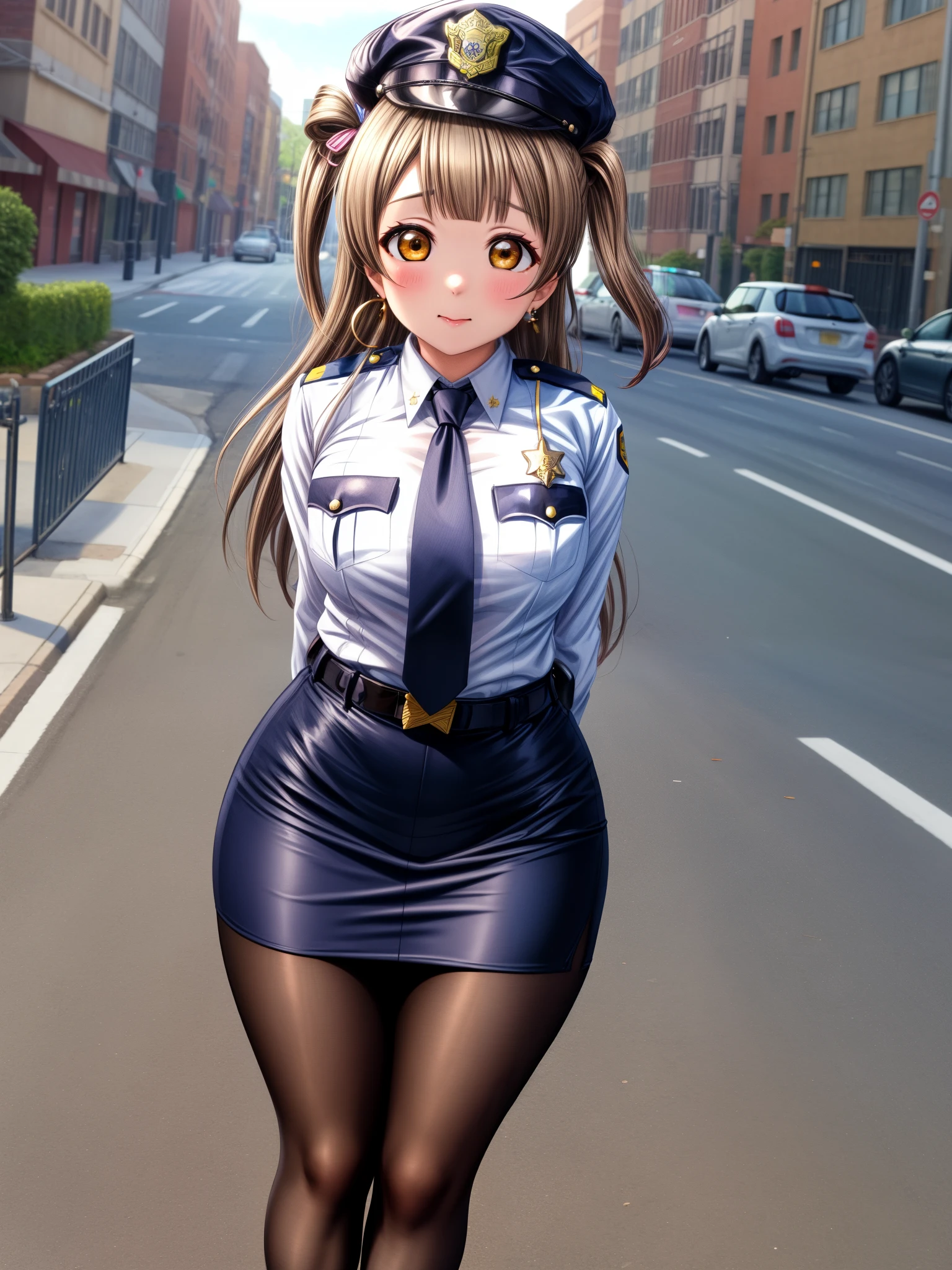 Masterpiece, best quality, solo, (detailed face), minami kotori, curvy body ,white shirt,half sleeves,earrings,mini pencil skirt, necktie , standing,police cap,in street,looking at viewer, cowboy shot, thighs, wide hips , arms behind back ,solo ,belt, pantyhose , skin tight ,pov after sex, begging 