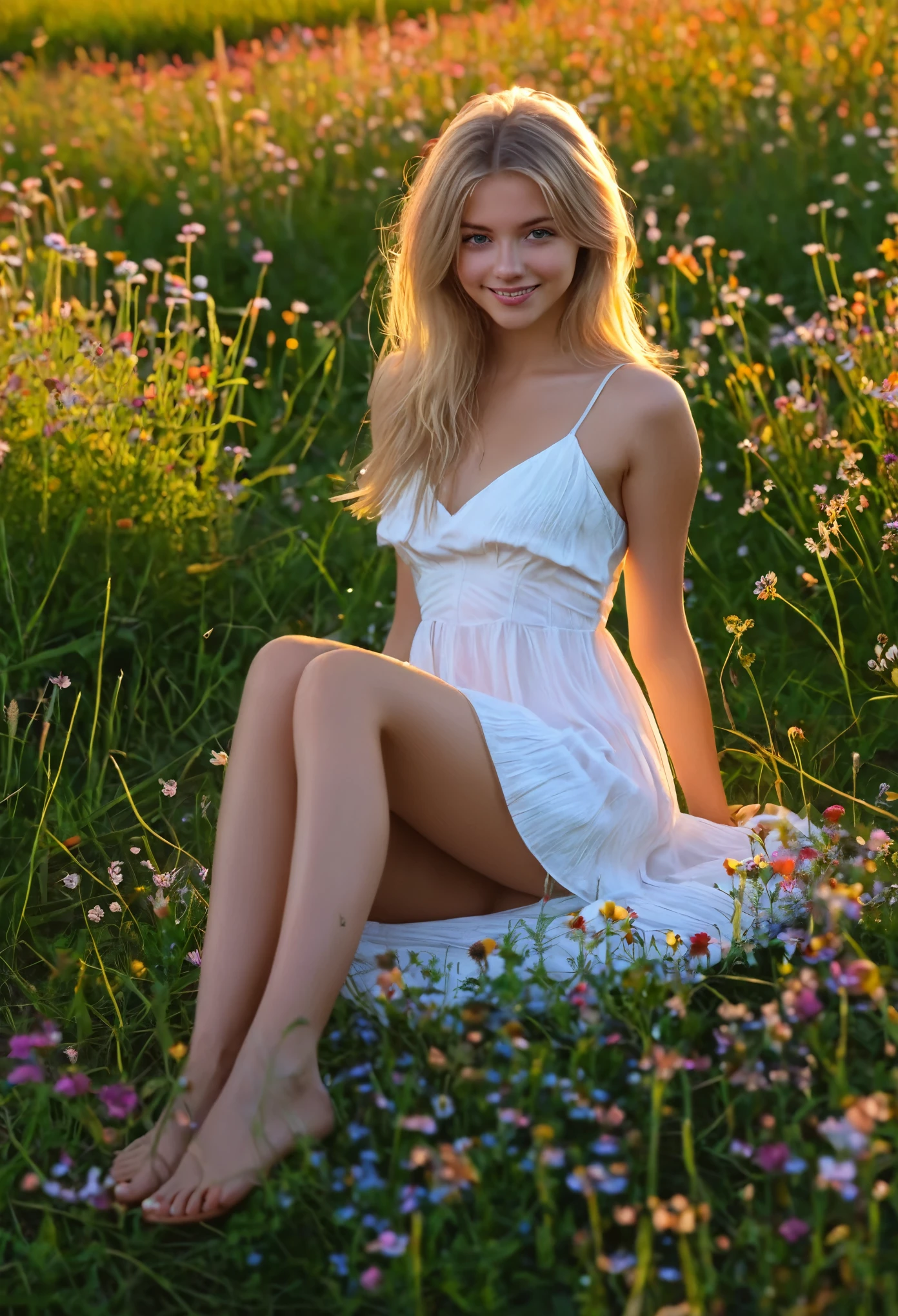 1girl, bare_feet, (full body),  (dynamic angle), (wearing a white sexy summer dress), image of 18 years old girl, small breast, looking at the camera, tiny firm body, aroused, slim body, blonde hair, long floating hair, seductive look, seductive smile, sitting down on the grass, (on a colorful wildflowers field) at sunset, at sunset, insanely details,  perfect composition, (hyperrealism, 8k, extremely, detailed) (high quality), (ultra detail), (high resolution), (masterpiece), (complex and beautiful), (exquisitely beautiful), full body in frame
