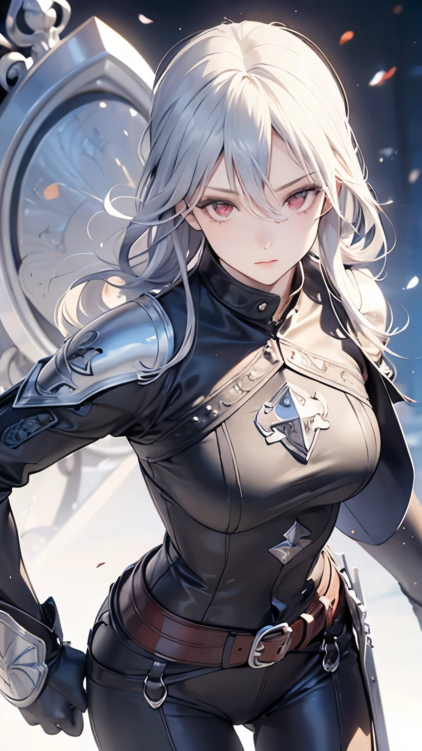 ((best quality)), ((masterpiece)), (detailed), perfect face, Albino warrior, ((long white hair, white skin, red eyes)), black magic sword, (Great sword engraved with red runes), crazy eyes, haggard cheeks, fantasy novel, 25 years old lady, ((Silver armor, gloves, and a shield with a pattern engraved on it))