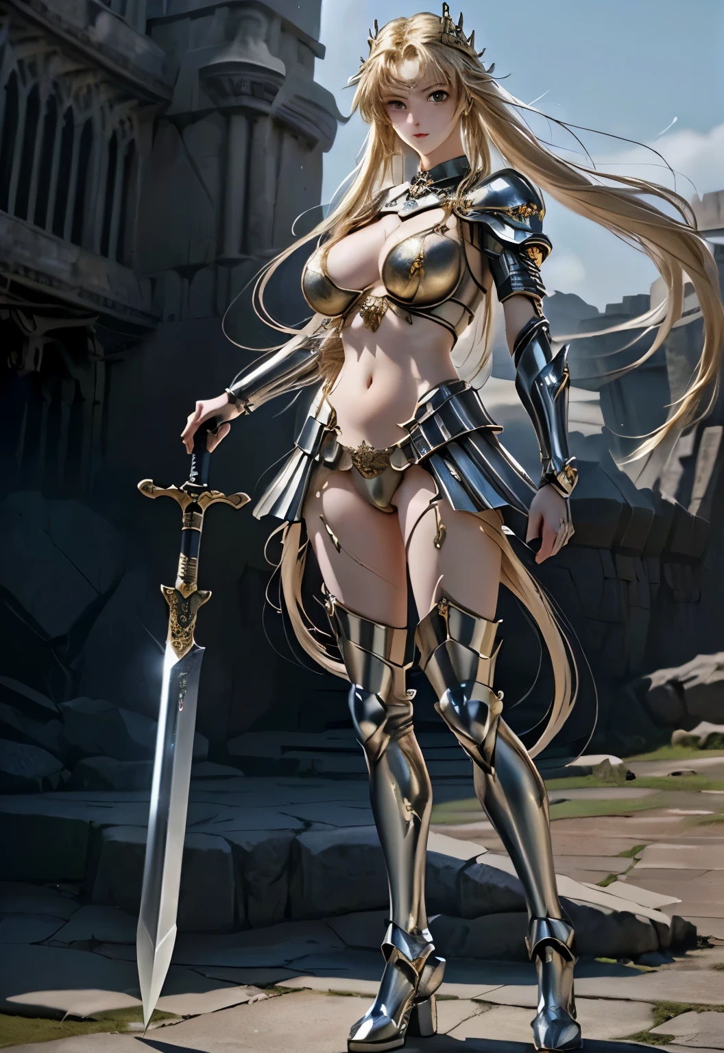 anime - style image of a woman with a sword standing on a rock, Claymore anime background, Claymore, lodoss, inspirado em Li Chevalier, 25 Best Fantasy Anime Series, deusa dos animes, girl of the zodiac knights, garota de armadura, Drakengard, epic anime fantasy, em armadura de opala, a deusa Artemis sorrindo,([long hair hair]:1.8), (full body:1.8), (full-body standing image:1.8), (upper body up:0.3), (hyper realistic:1.4), (realistic:1.3), (best quality real texture skin),(girl Full body :1.7),(HUGE HIPS:1.5),(HUGE breasts:1.5),(DISABLE CENSORSHIP)

