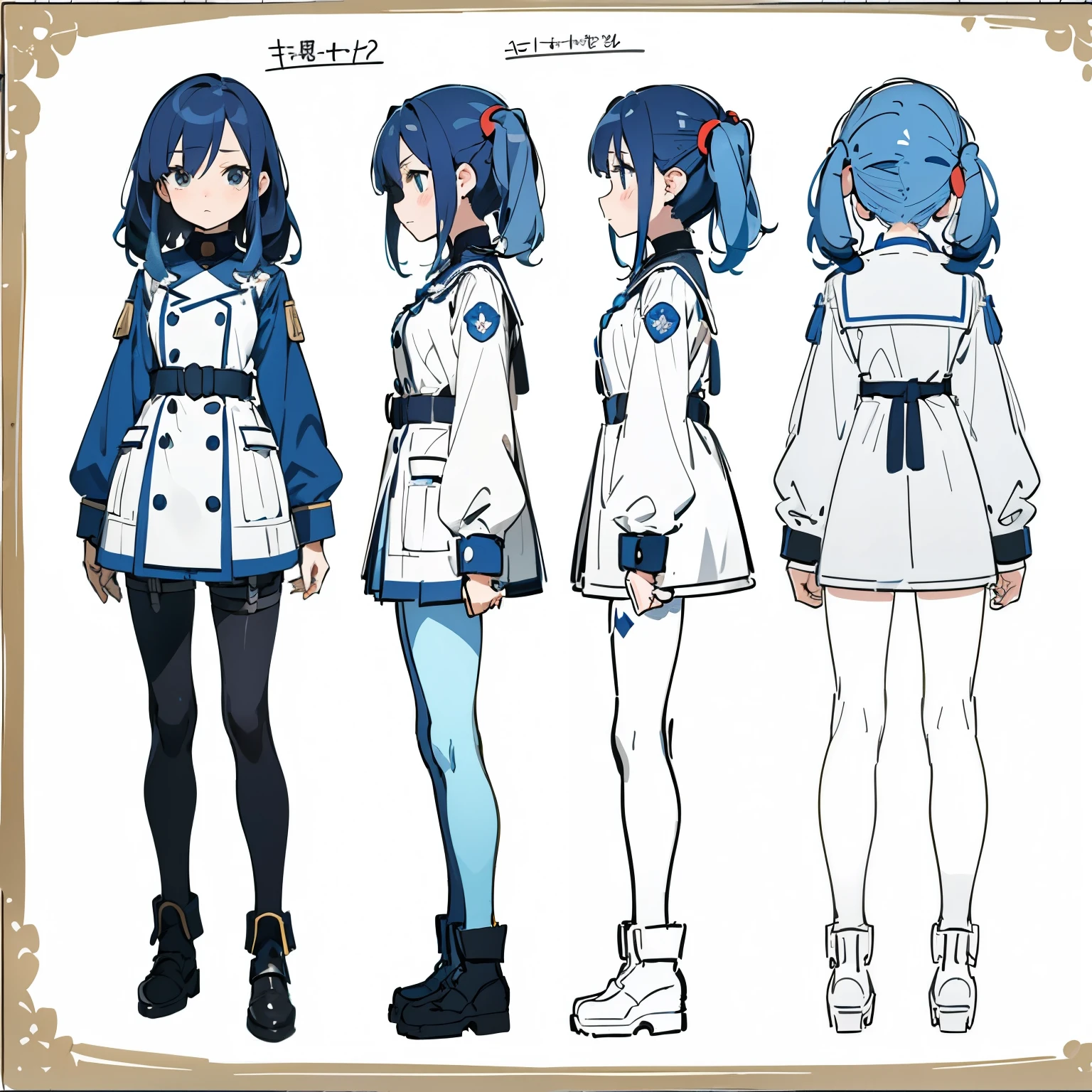 (masterpiece, best quality) detailed, girl,soldier ,dark blue hair ,twin, A dazed expression, Kawaii, drawing reference, reference, Line Art, Color drawing (Character Design Sheet, Same role, whole body, 3 Views, front, side, retreat)