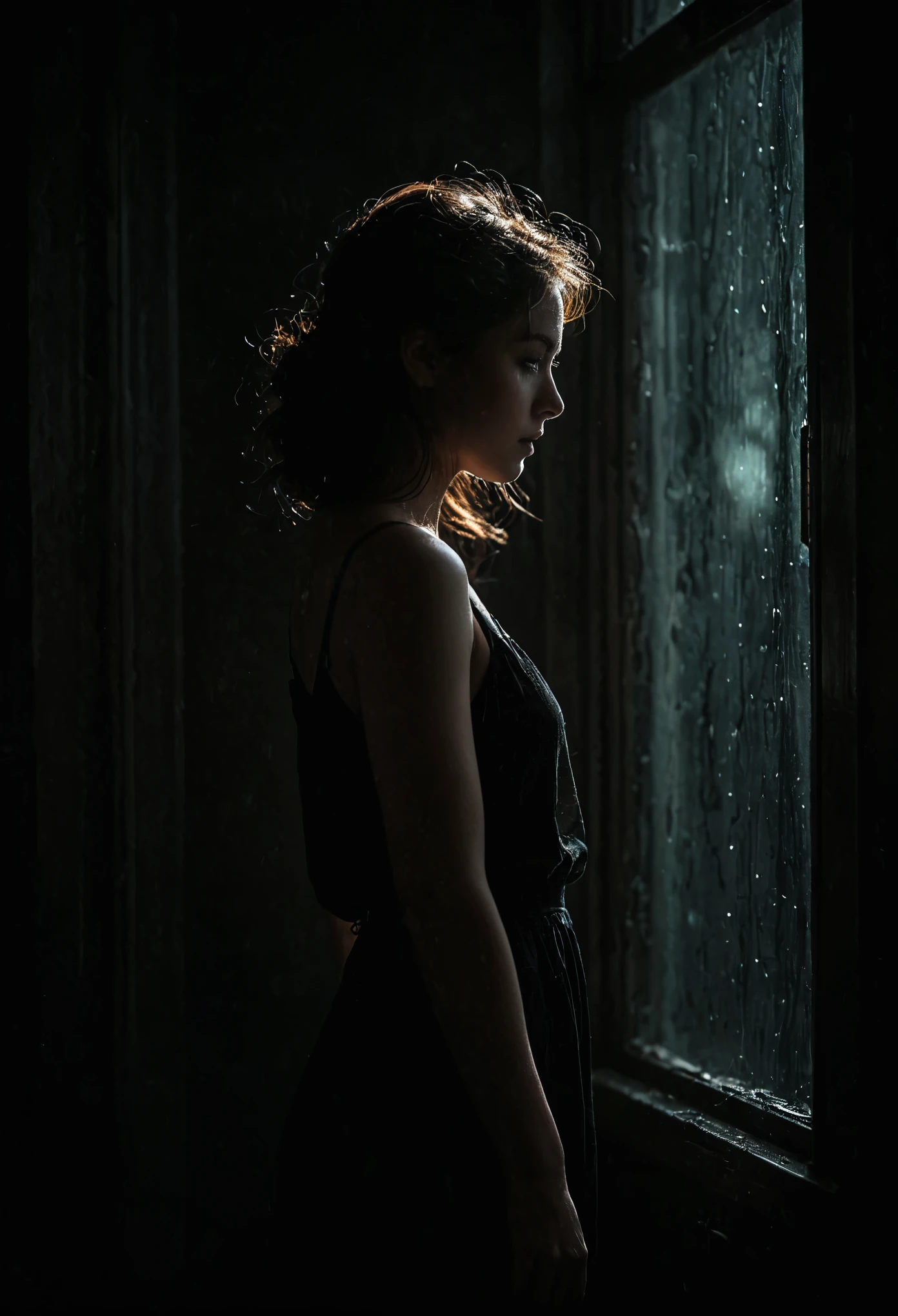 artistic photography,style of Paul Barson,full shot,depth of field,turn_one's_back,darkness atmosphere,
1girl,full body,dreamlike,looking_outside,huge filesize,