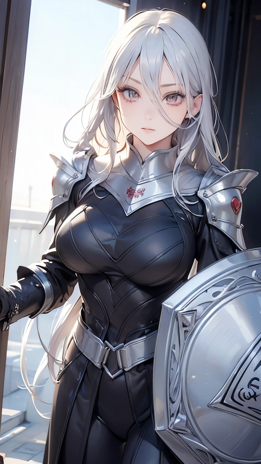 ((best quality)), ((masterpiece)), (detailed), perfect face, Albino warrior, ((long white hair, white skin, red eyes)), black magic sword, (Great sword engraved with red runes), crazy eyes, haggard cheeks, fantasy novel, 25 years old lady, ((Silver armor, gloves, and a shield with a pattern engraved on it))