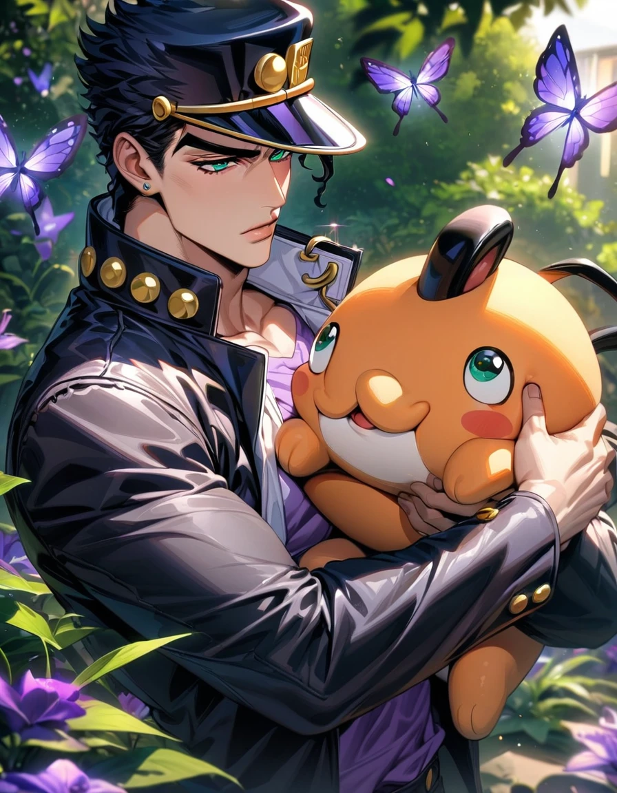 absurdres, highres, ultra detailed, HDR, master piece, best quality, Jotaro Kujo, black hair, black hat, black leather jacket, purple shirt, expressive green eyes, jojo bizarre adventure, carrying Pochita plush, solo, man, handsome, purple shining butterflies, purple lilies, purple petals, garden