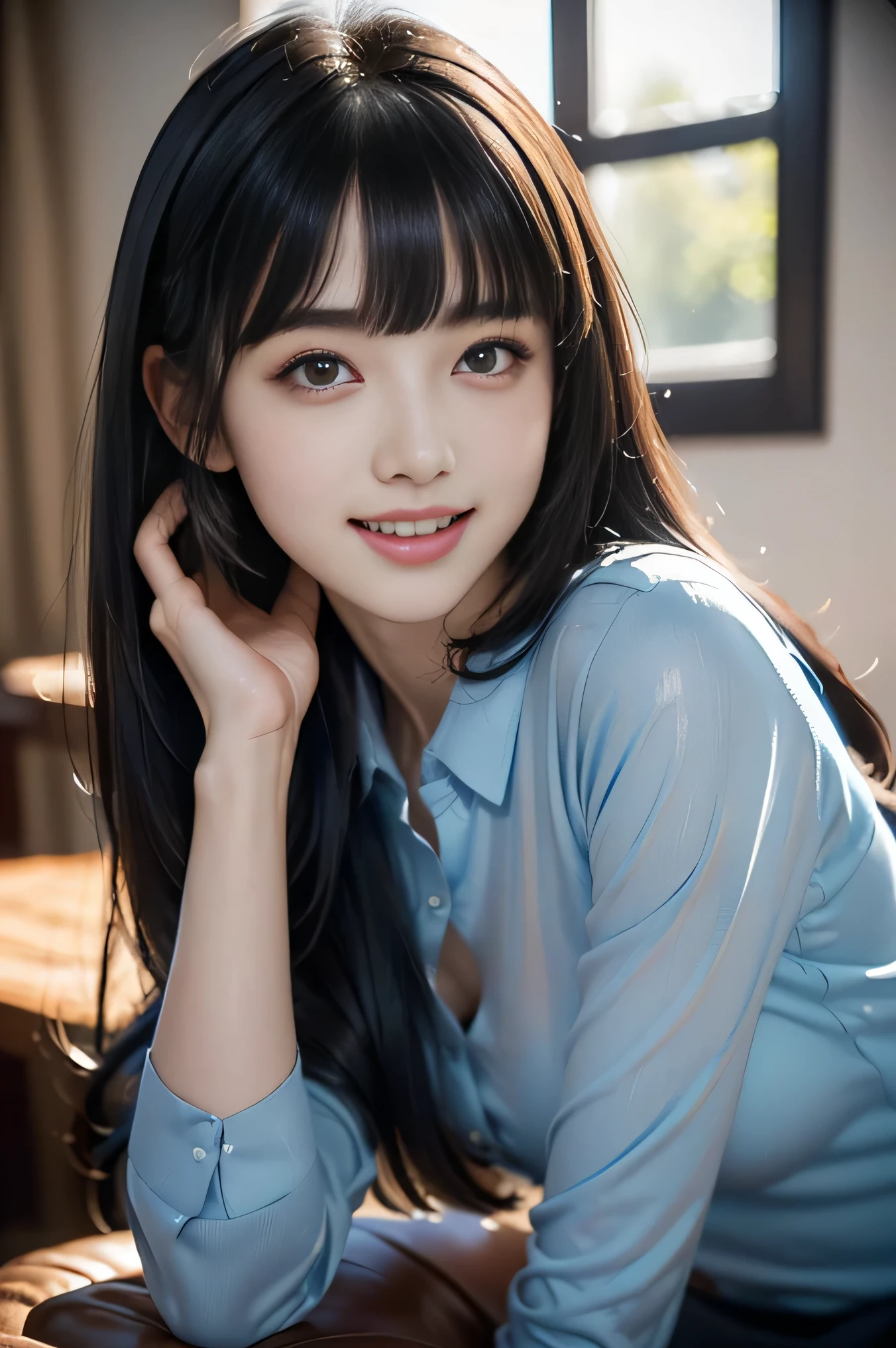 face,head,(blue elegant beautiful shirt),((1girl,cute,young,semi long beautiful black hair,blunt bangs,beautiful eyes)),(solo),((masterpiece, highest resolution,best quality)), ((realistic:1.5,Beautiful girl RAW photo)), (looking at the viewer), innocent lovely laugh,mouth open,cute white teeth,white back ground,