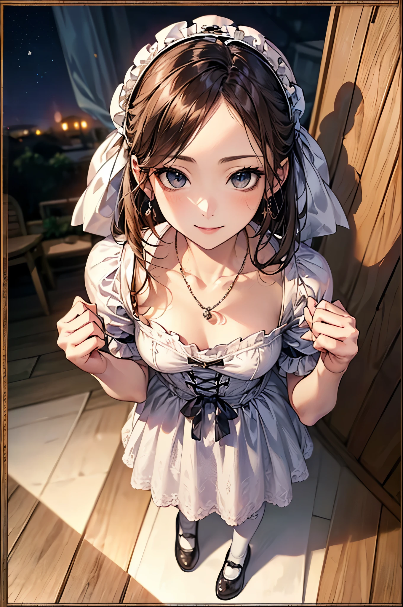 ((Biologically correct number of limbs))、(( Full body photo including face))、4K、((Standing posture))、Masterpiece、((focus on the face))、((Symmetrical facial features))、Eyes with detailed description、Beautiful woman、Outstanding style、Beautiful clavicle、Beautiful legs、Beautiful Hands、Slender Body、(stockings、High heels）、Detailed depiction of faces、Small earrings、necklace、((White Gothic Lolita、White Lolita Fashion))、Sidelong glance、tie、night、(((White frame、White oak、White border photo)))、High angle、smile