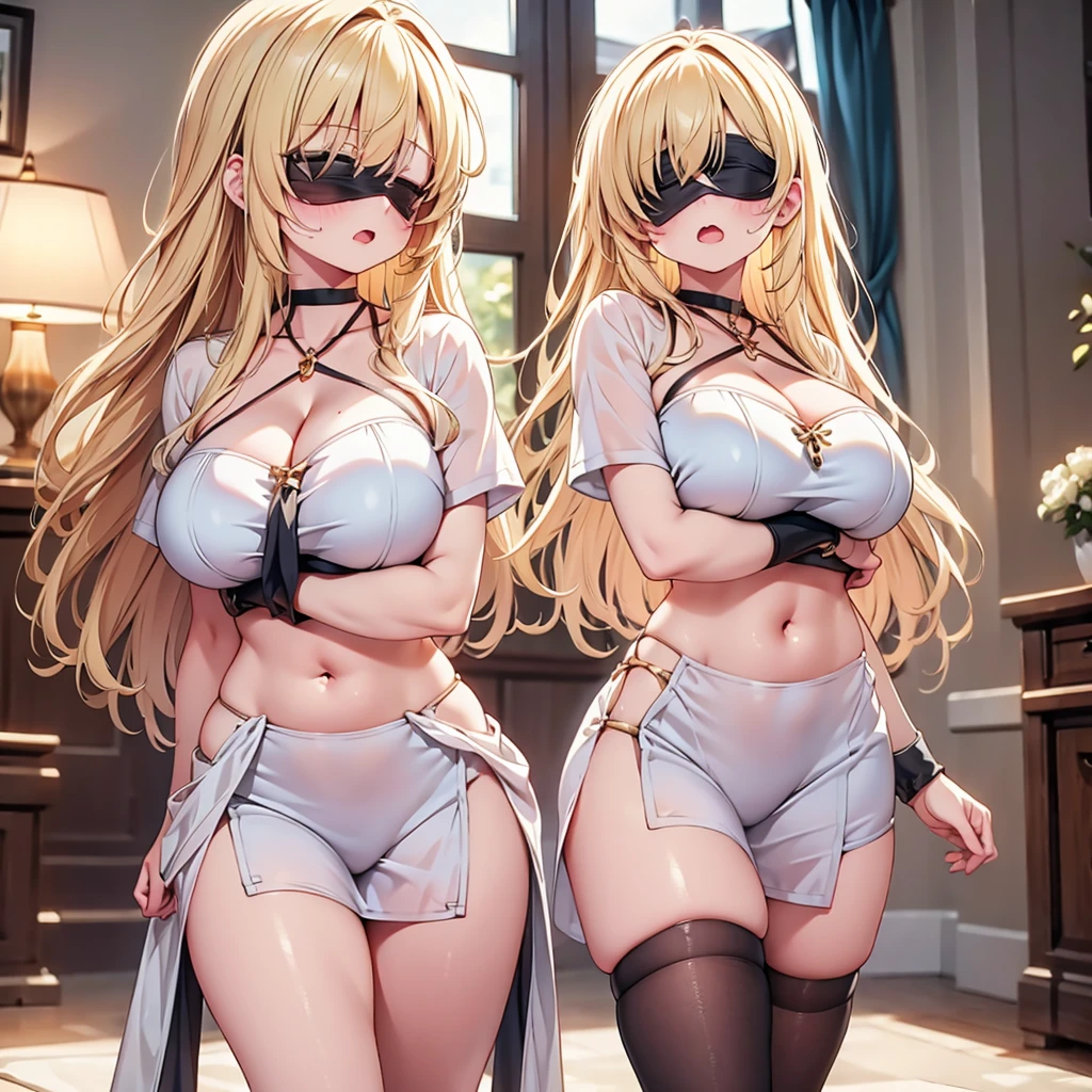 highest quality,wonderful,finely,extremely detailed CG Unity 8K wallpaper, (Stand in line:1.2), (3 girls, blonde, clothed), (huge breasts:1.2), (cleavage cutout), (Underboob), (crop top navel), (open mouth:1.1), (long tongue:1.1), (mouth drool:1.1), (black stockings:1.1),(Thighs:1.2),(Waistline:1.2),(black blindfold, blindfold:1.5)