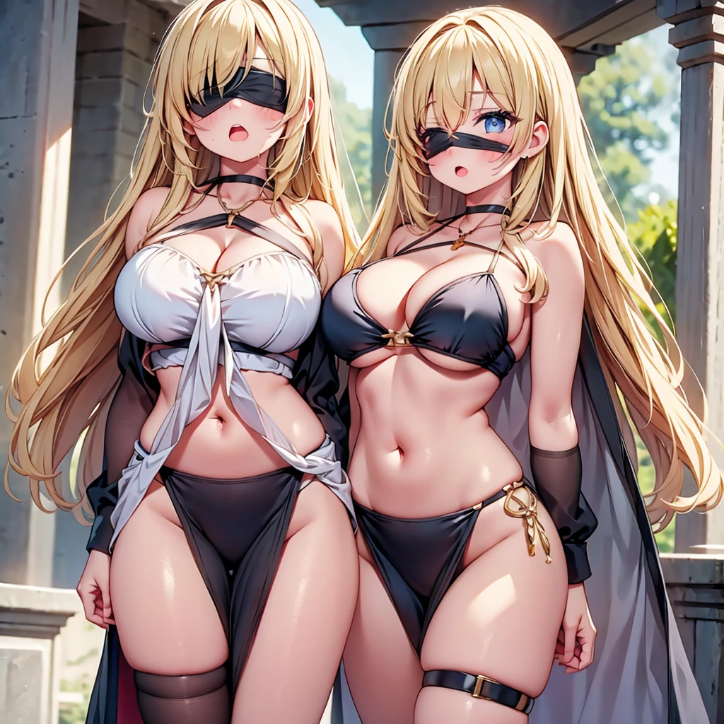 highest quality,wonderful,finely,extremely detailed CG Unity 8K wallpaper, (Stand in line:1.2), (3 girls, blonde, clothed), (huge breasts:1.2),  (cleavage cutout), (Underboob), (crop top navel), (open mouth:1.1), (long tongue:1.1), (mouth drool:1.1), (black stockings:1.1),(Thighs:1.2),(Waistline:1.2),(black blindfold, blindfold:1.5)