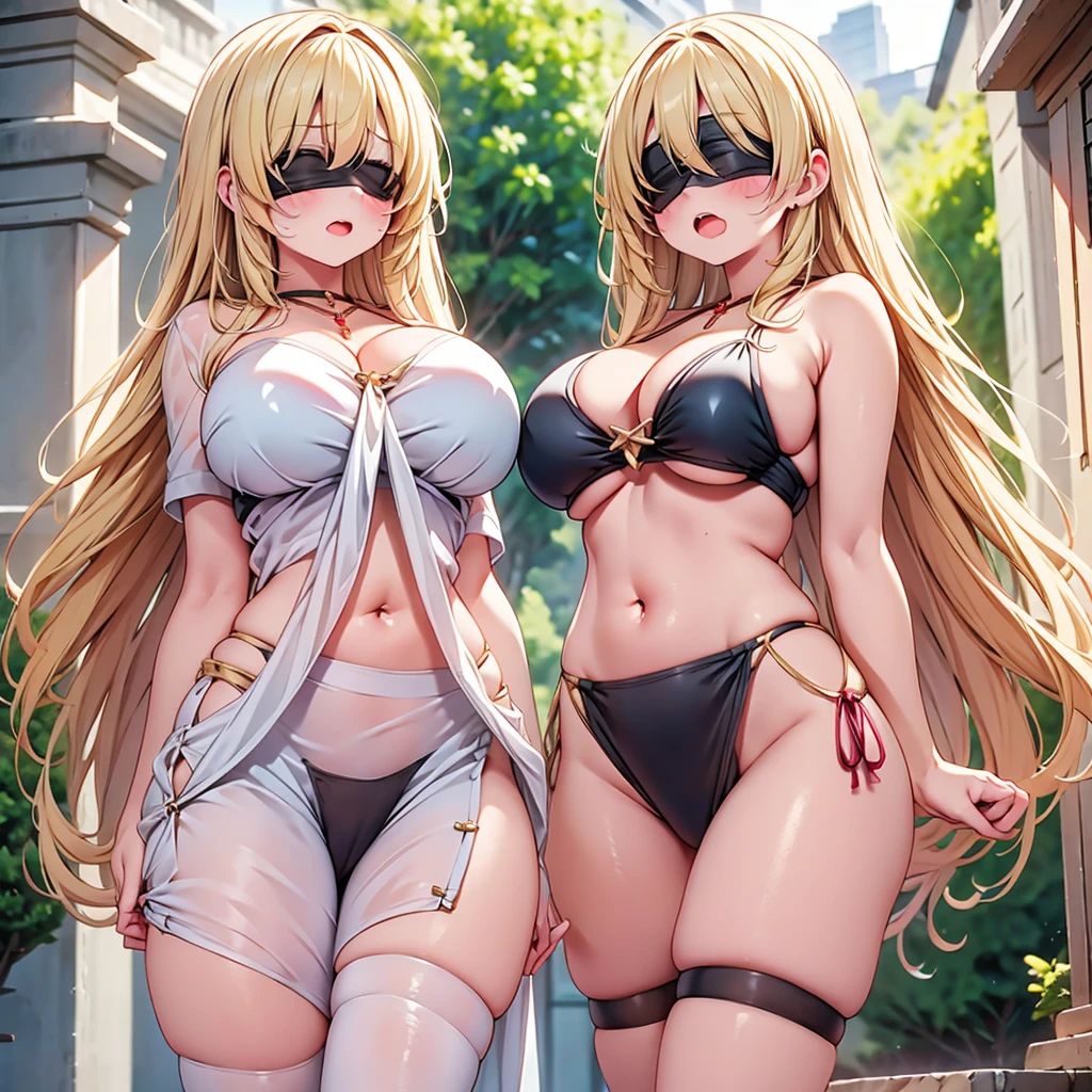 highest quality,wonderful,finely,extremely detailed CG Unity 8K wallpaper, (Stand in line:1.2), (3 girls, blonde, clothed), (huge breasts:1.2),  (cleavage cutout), (Underboob), (crop top navel), (open mouth:1.1), (long tongue:1.1), (mouth drool:1.1), (black stockings:1.1),(Thighs:1.2),(Waistline:1.2),(black blindfold, blindfold:1.5)