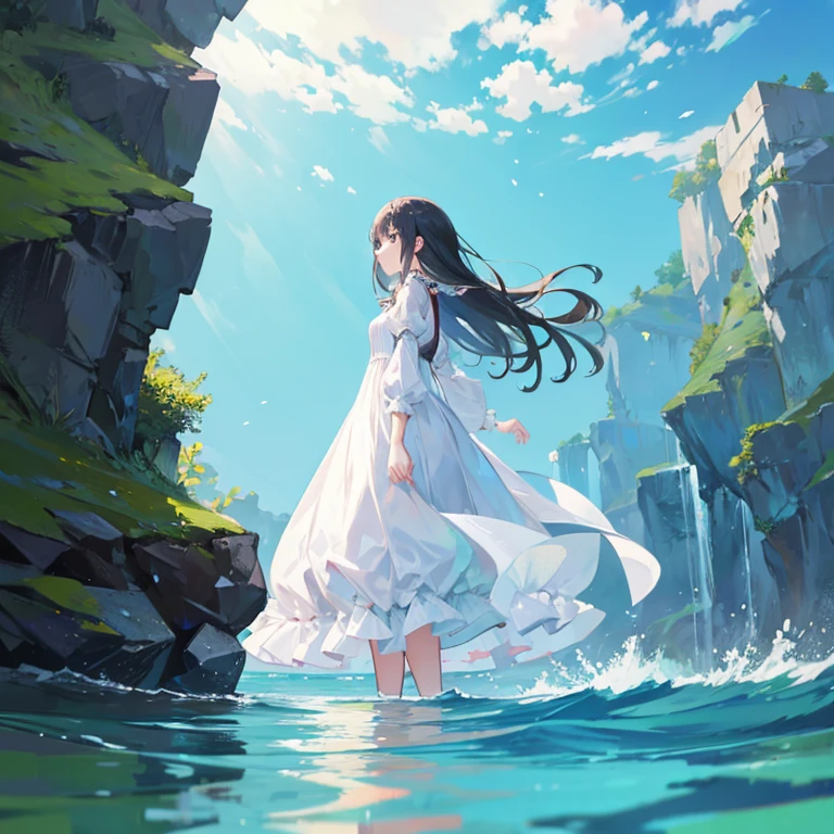 Girl is wearing long puffy dress and is standing halfway in the water.