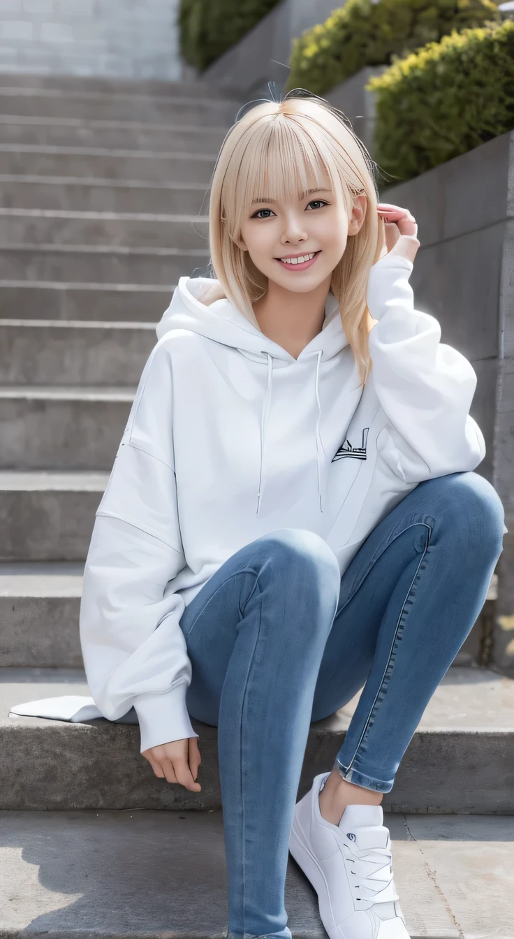 highest quality, Realistic, Very detailed, The finer details, High resolution, 8k wallpaper, One beautiful woman,Sit on the stairs、 Oversized hoodie, Skinny jeans, White sneakers, Platinum Blonde Hair, hairstyle semi long、Beautiful Bangs、smile、Beautiful teeth alignment、Perfect dynamic composition, Beautiful and detailed, Full Body Shot, A big smile