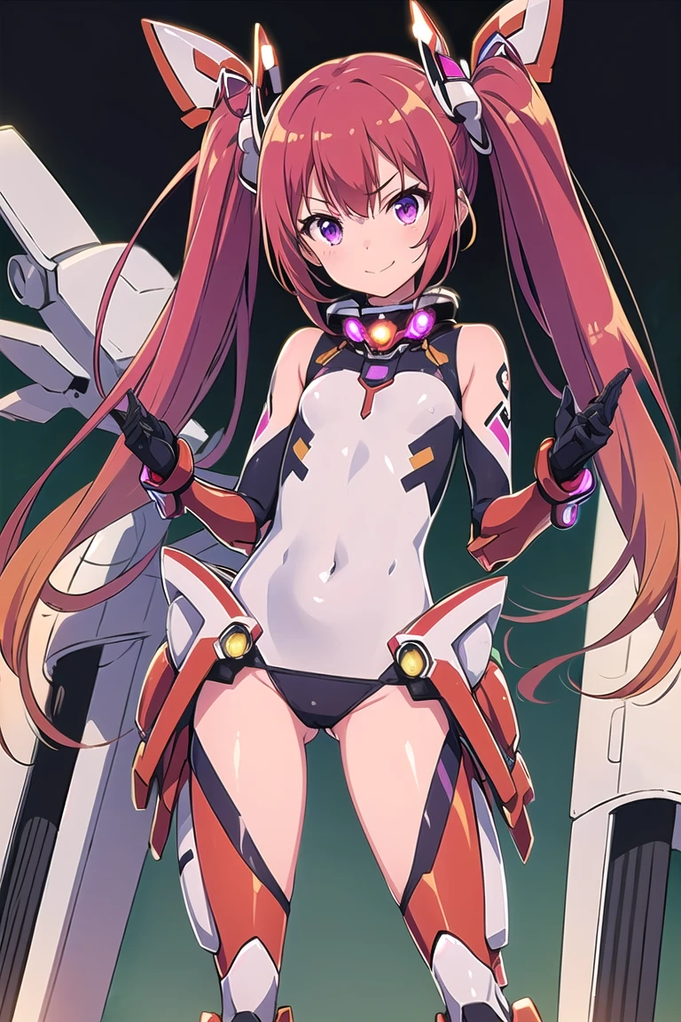 1girl, solo, tailred, very long hair, red hair, gradient hair, twintails, perfect face, purple eyes, looking at viewer, cute, shy, smile, closed mouth, flat chest, (shiny clothes:1.7) (mecha suit:1.4), black elbow gloves, masterpiece, high resolution, best quality,