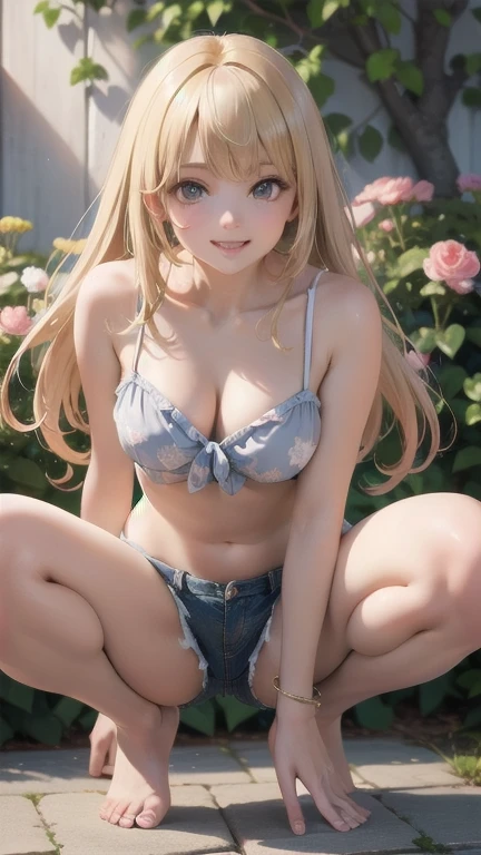 ((beautiful)), ((masterpiece)), ((highest quality)), (Highly detailed face), Perfect lighting, High resolution, 8k, wallpaper,  (Super detailed, 8k, ultra High resolution:1.2)、
Blonde、Long Hair、Yellow hair band、smile、belly button、Shorts、Stylish woman 、camisole、barefoot,、Silver bracelet on wrist、 she is cute、garden、In the bright light,From below,squat